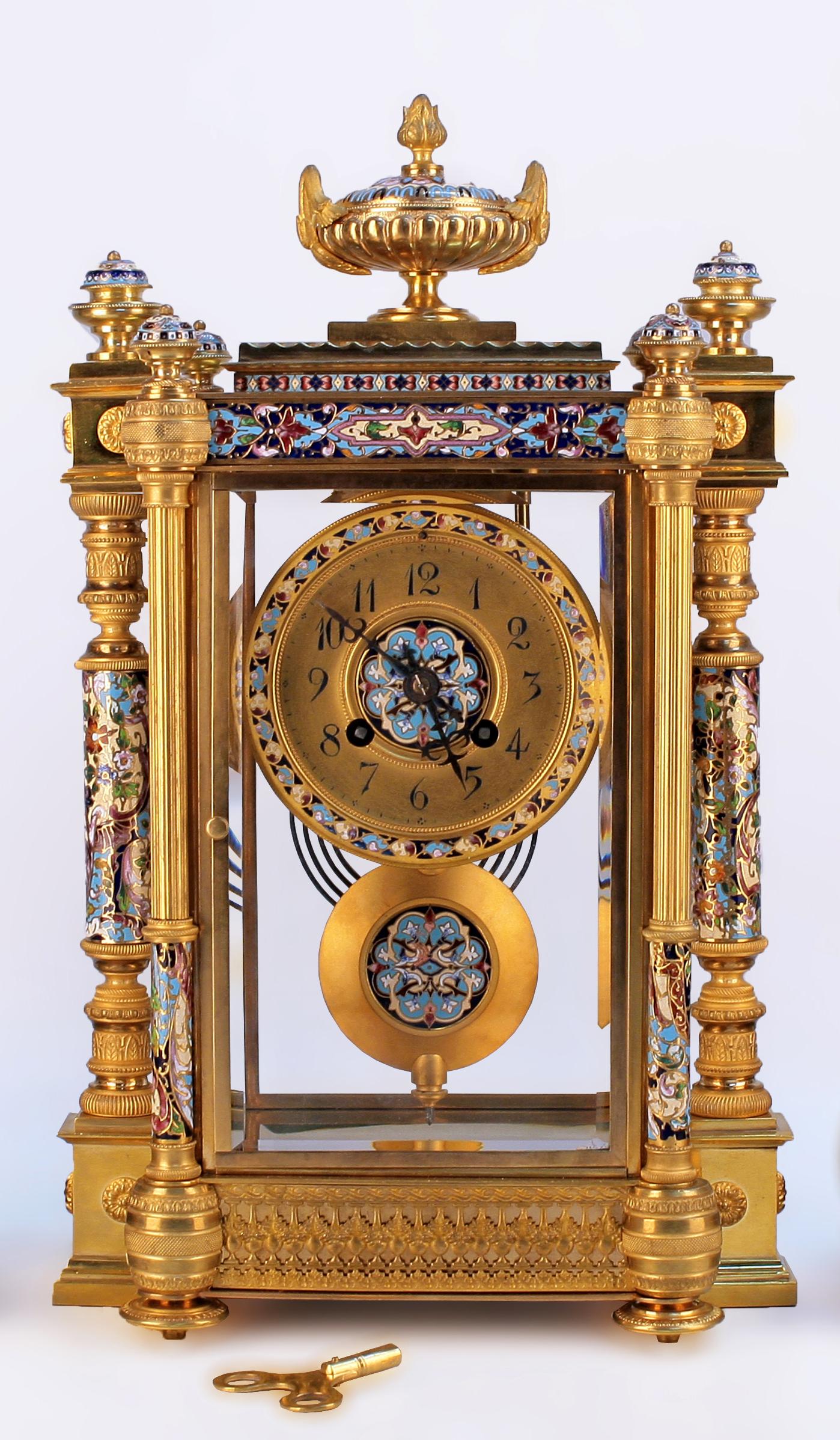 Cast Late 19th C. French Ormolu Champlevé Enameled Clock Garniture Set by Japy Frères For Sale