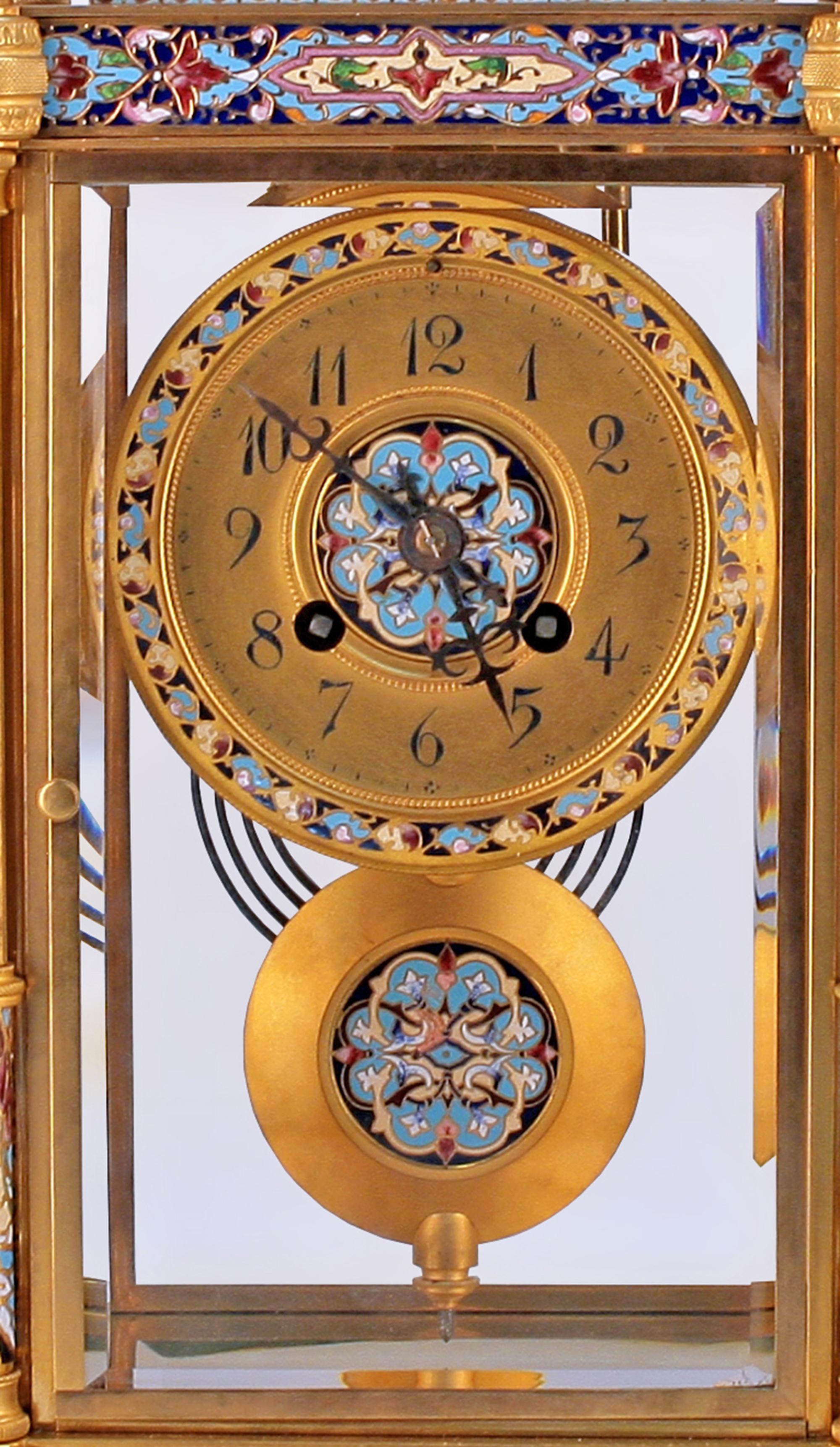 Late 19th C. French Ormolu Champlevé Enameled Clock Garniture Set by Japy Frères In Good Condition For Sale In North Miami, FL