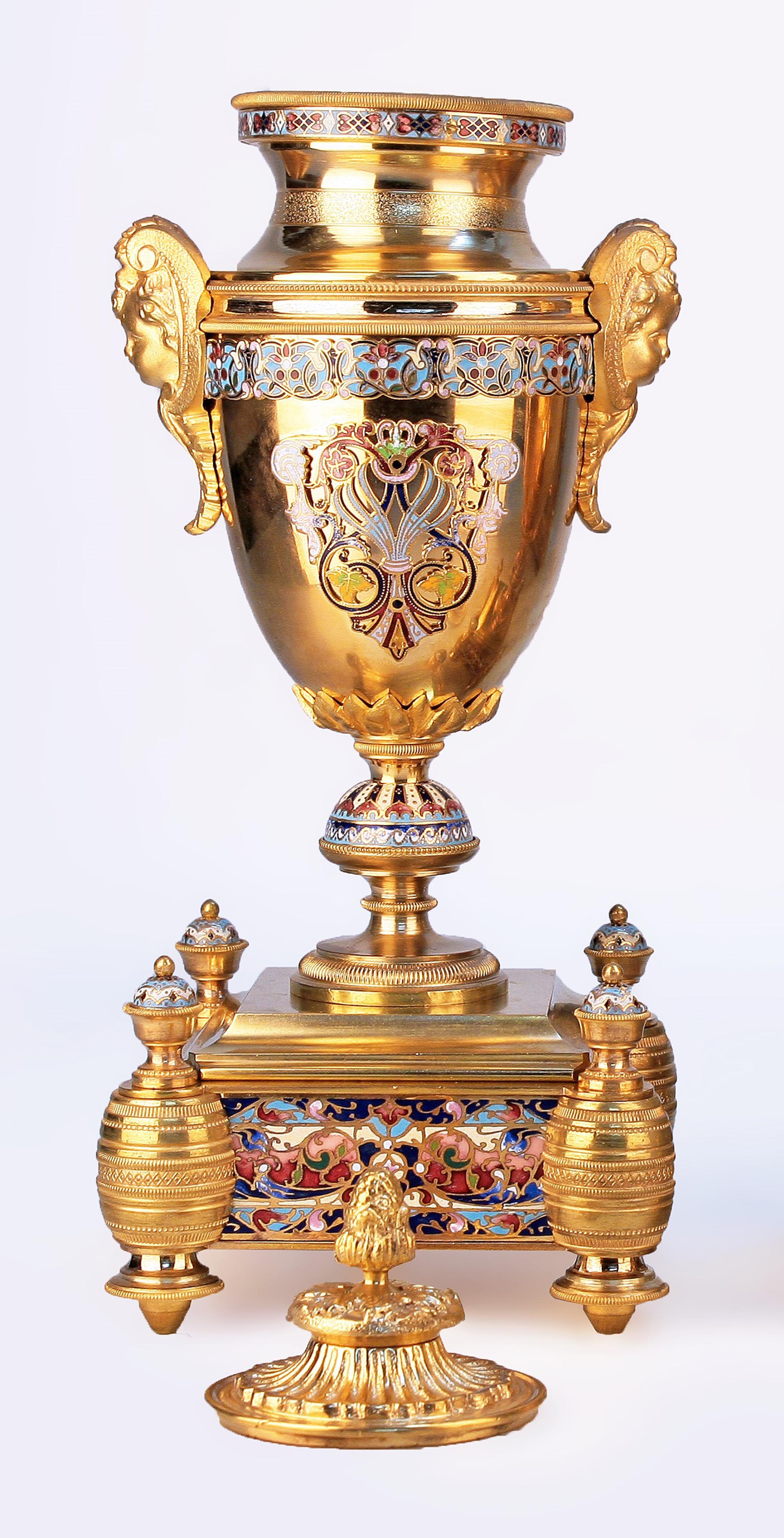 Metal Late 19th C. French Ormolu Champlevé Enameled Clock Garniture Set by Japy Frères For Sale