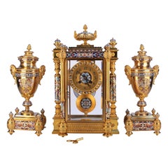 Set di orologi smaltati in Ormolu Champlevé di Japy Frères della fine del XIX secolo.
