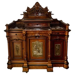 Late 19th C. French Renaissance Revival Cabinet w/ Relief Panels & Marble Tops.