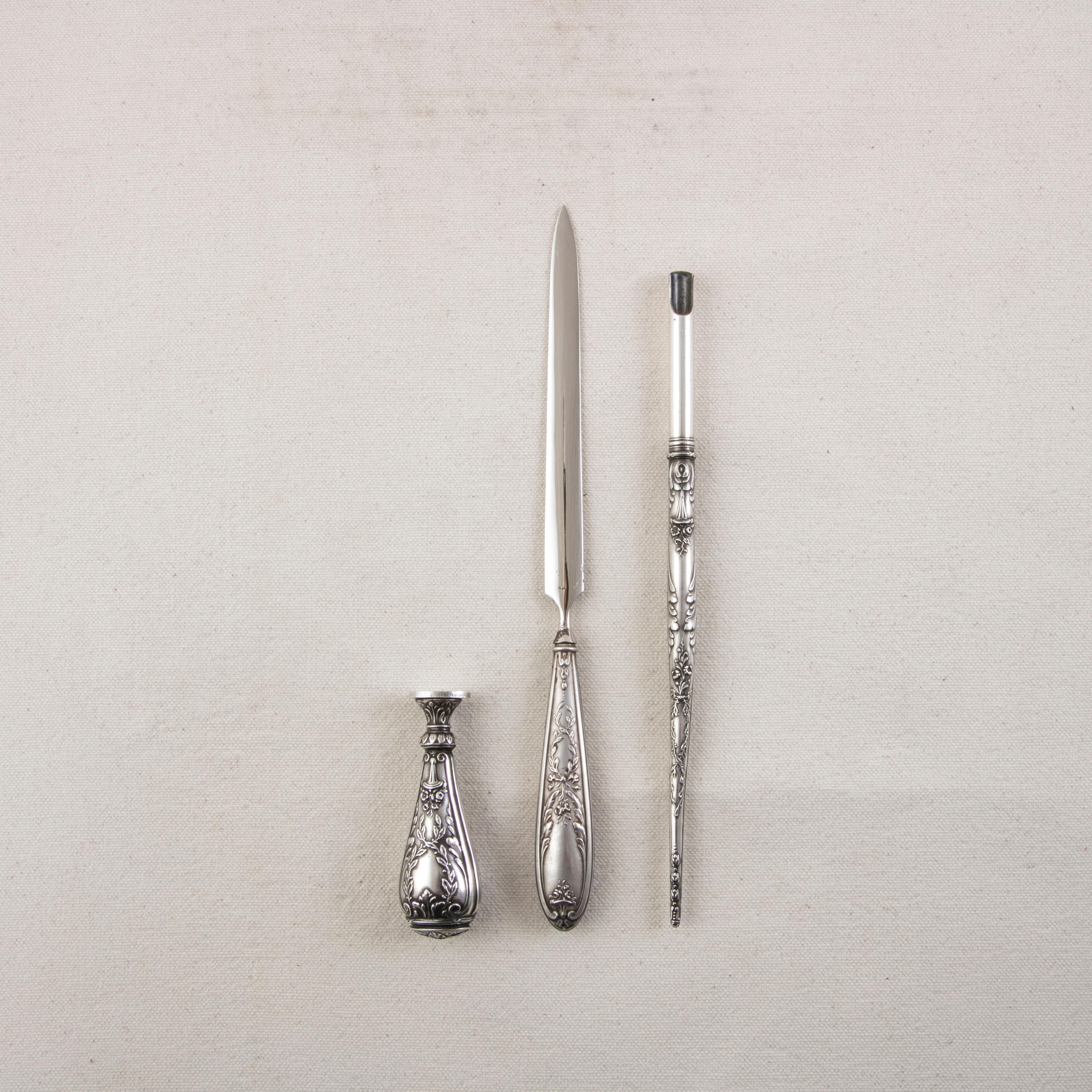 French Late 19th Century Silver Desk Set, Letter Opener, Fountain Pen, Letter Seal
