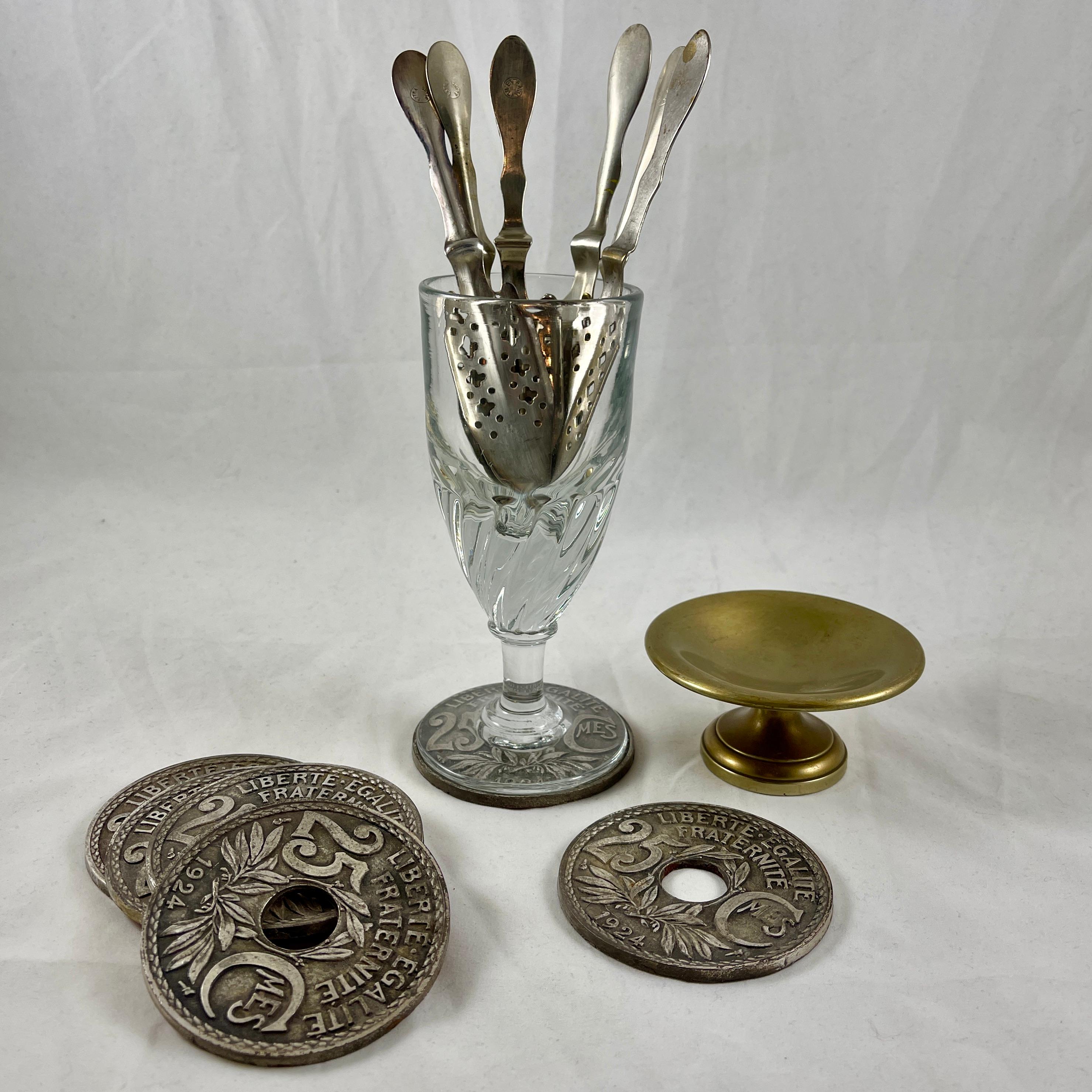 Metal Late 19th C French Six Hand Blown Absinthe Glasses and Accessories, 19 Pc. Set