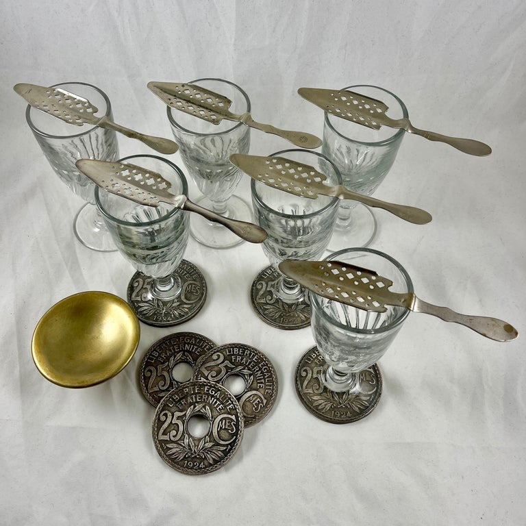 Belle Époque Late 19th C French Six Hand Blown Absinthe Glasses and Accessories, 19 Pc. Set For Sale