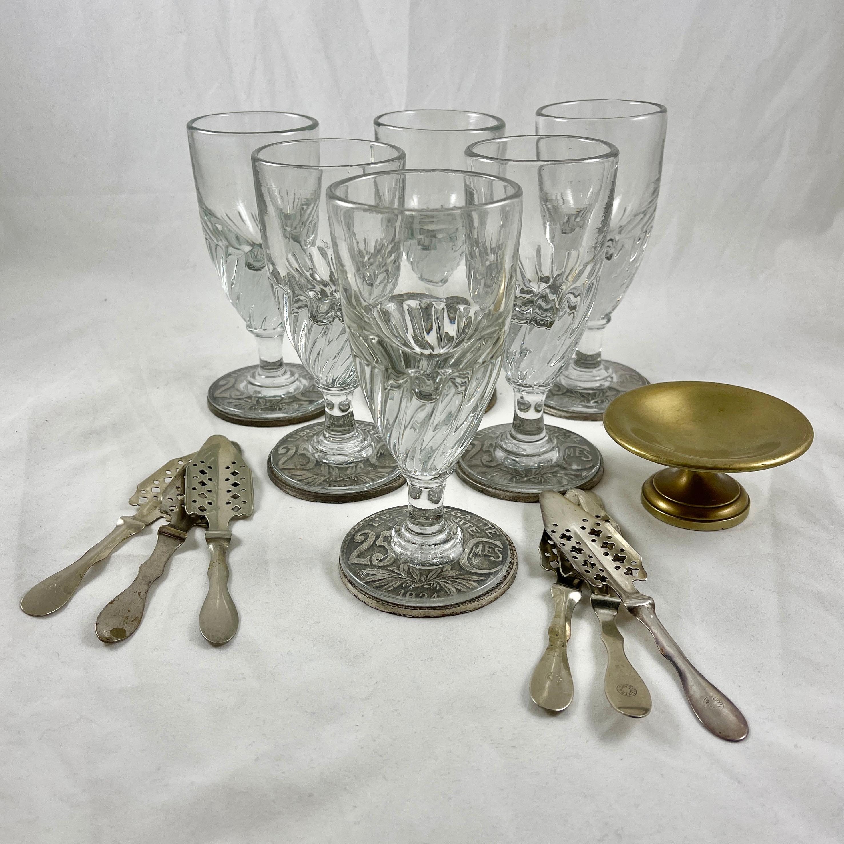 Belle Époque Late 19th C French Six Hand Blown Absinthe Glasses and Accessories, 19 Pc. Set
