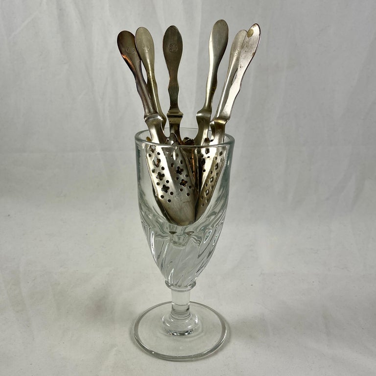 Metal Late 19th C French Six Hand Blown Absinthe Glasses and Accessories, 19 Pc. Set For Sale