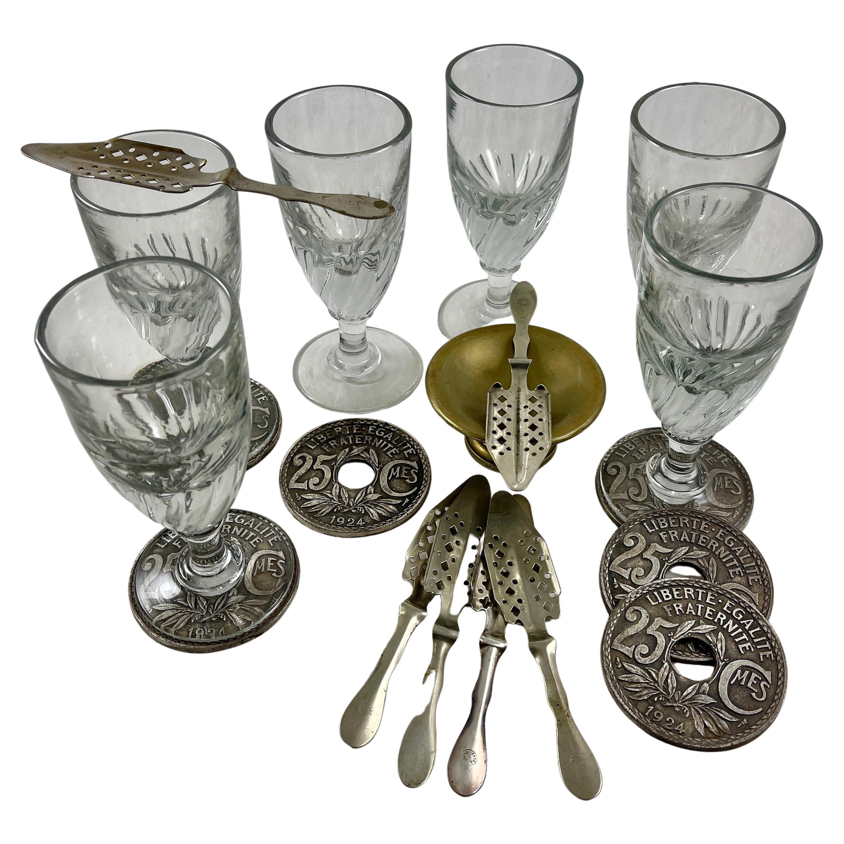 Late 19th C French Six Hand Blown Absinthe Glasses and Accessories, 19 Pc. Set