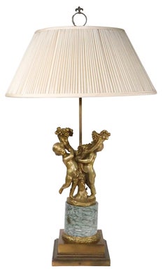 Late 19th C French Victorian Gilt Bronze Cherub Table Lamp
