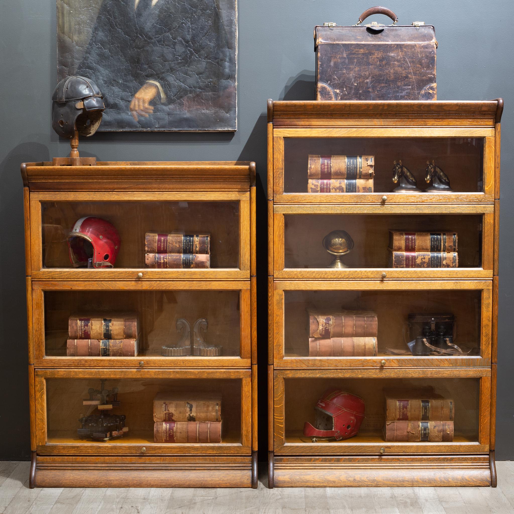 ABOUT

A late 19th century 3 stack Oak lawyer's bookcase with brass knobs and glass doors that open and slide in from the top. All function properly. The Gunn lawyer's bookcases are unique as each cabinet breaks down completely. The cabinets require