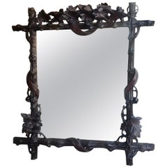 Late 19th C Hand Carved Large Black Forest Frame w Mirror Original