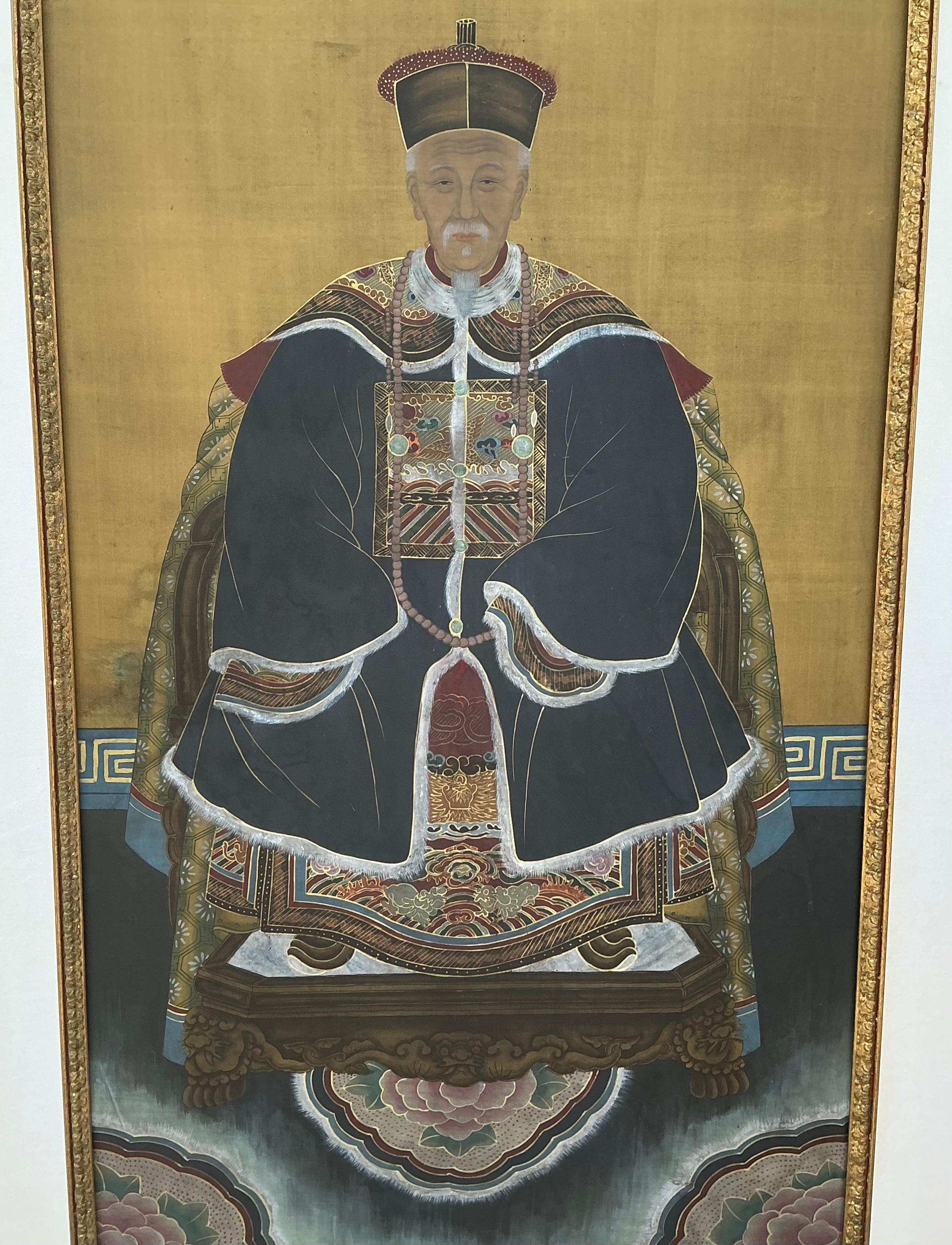 A.I.C., fin du 19ème siècle. Portraits ancestraux chinois peints à la main dans des cadres dorés à l'eau - S/2 en vente 6