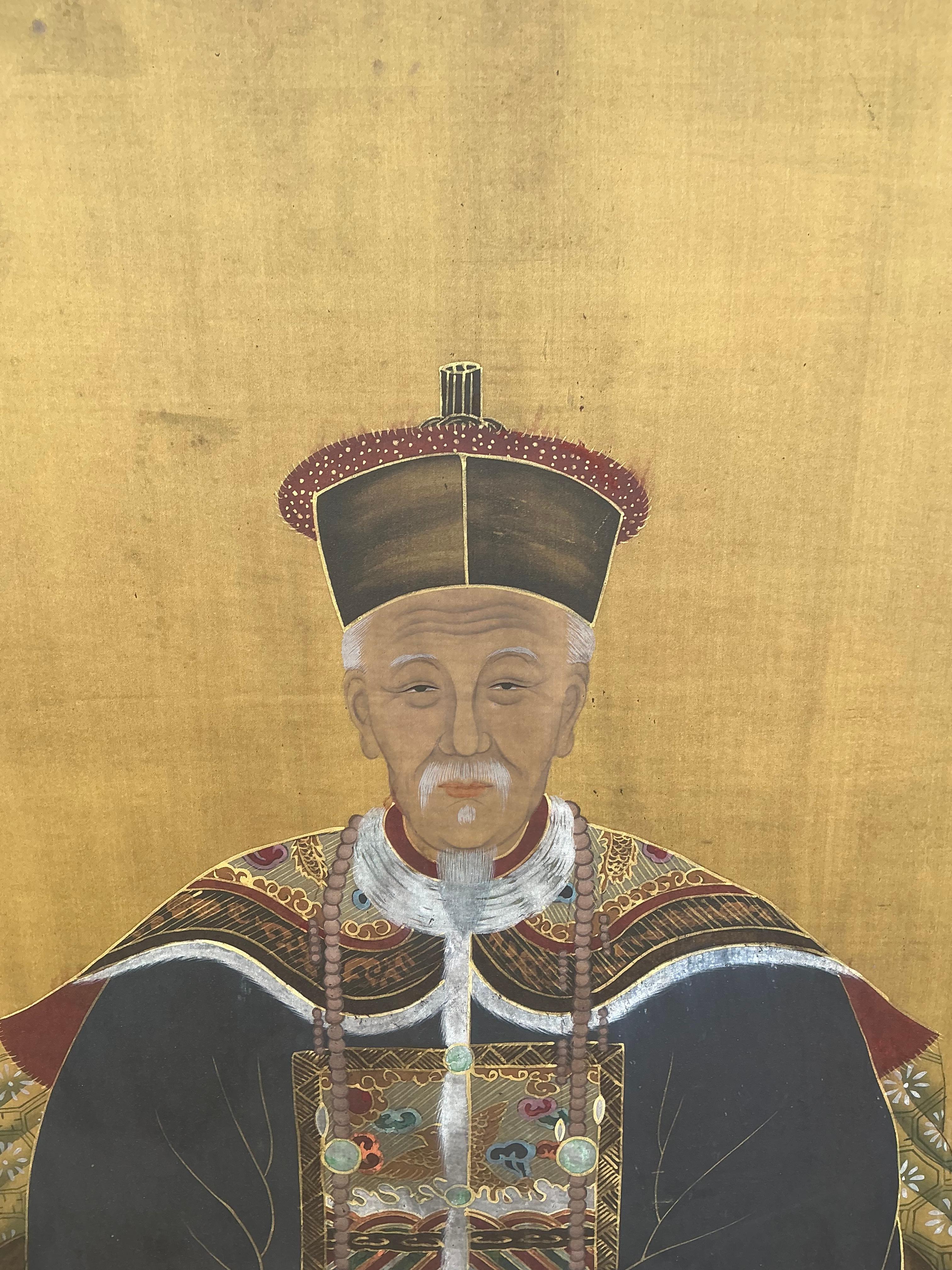 A.I.C., fin du 19ème siècle. Portraits ancestraux chinois peints à la main dans des cadres dorés à l'eau - S/2 en vente 7