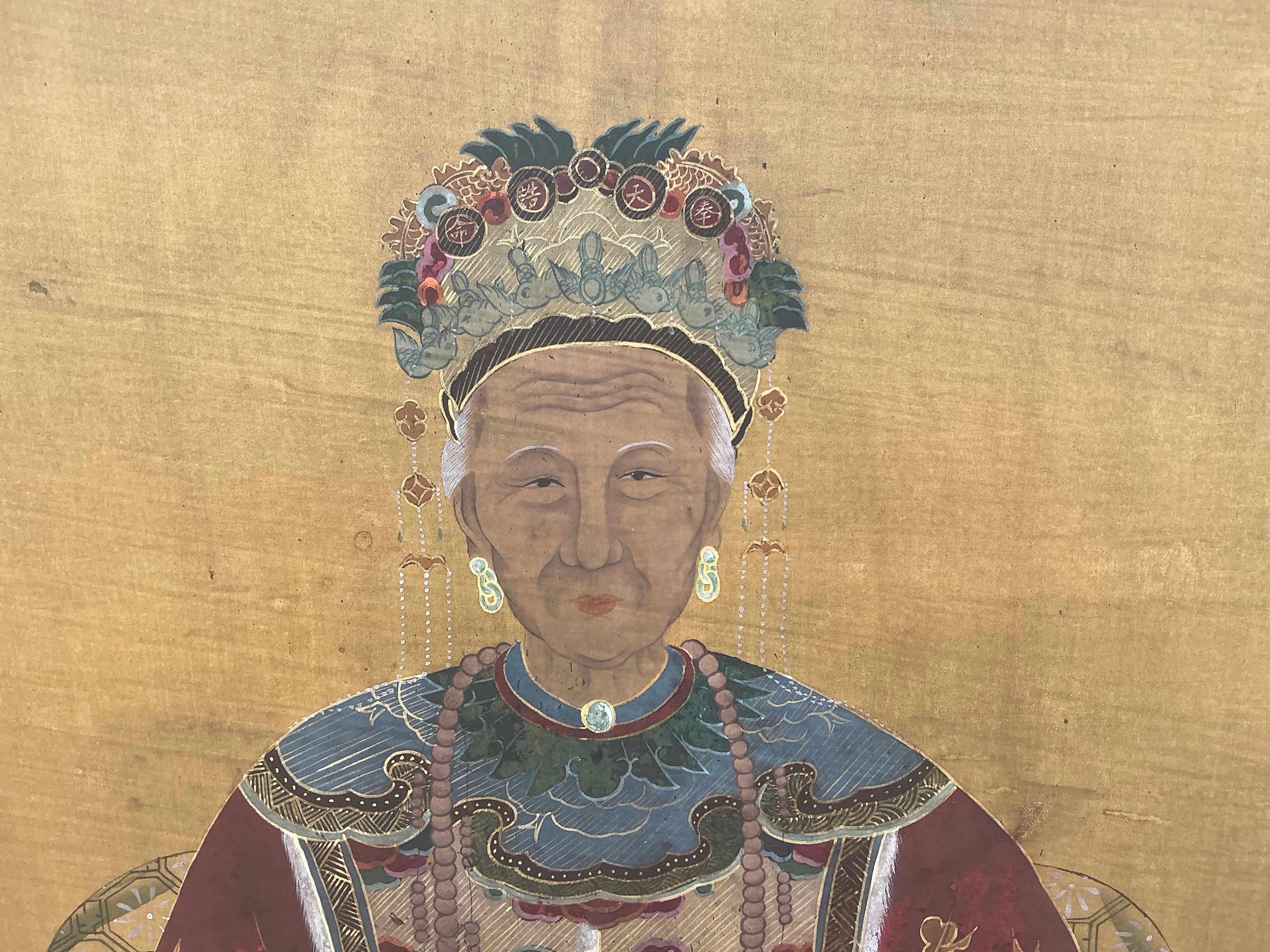 Exportation chinoise A.I.C., fin du 19ème siècle. Portraits ancestraux chinois peints à la main dans des cadres dorés à l'eau - S/2 en vente