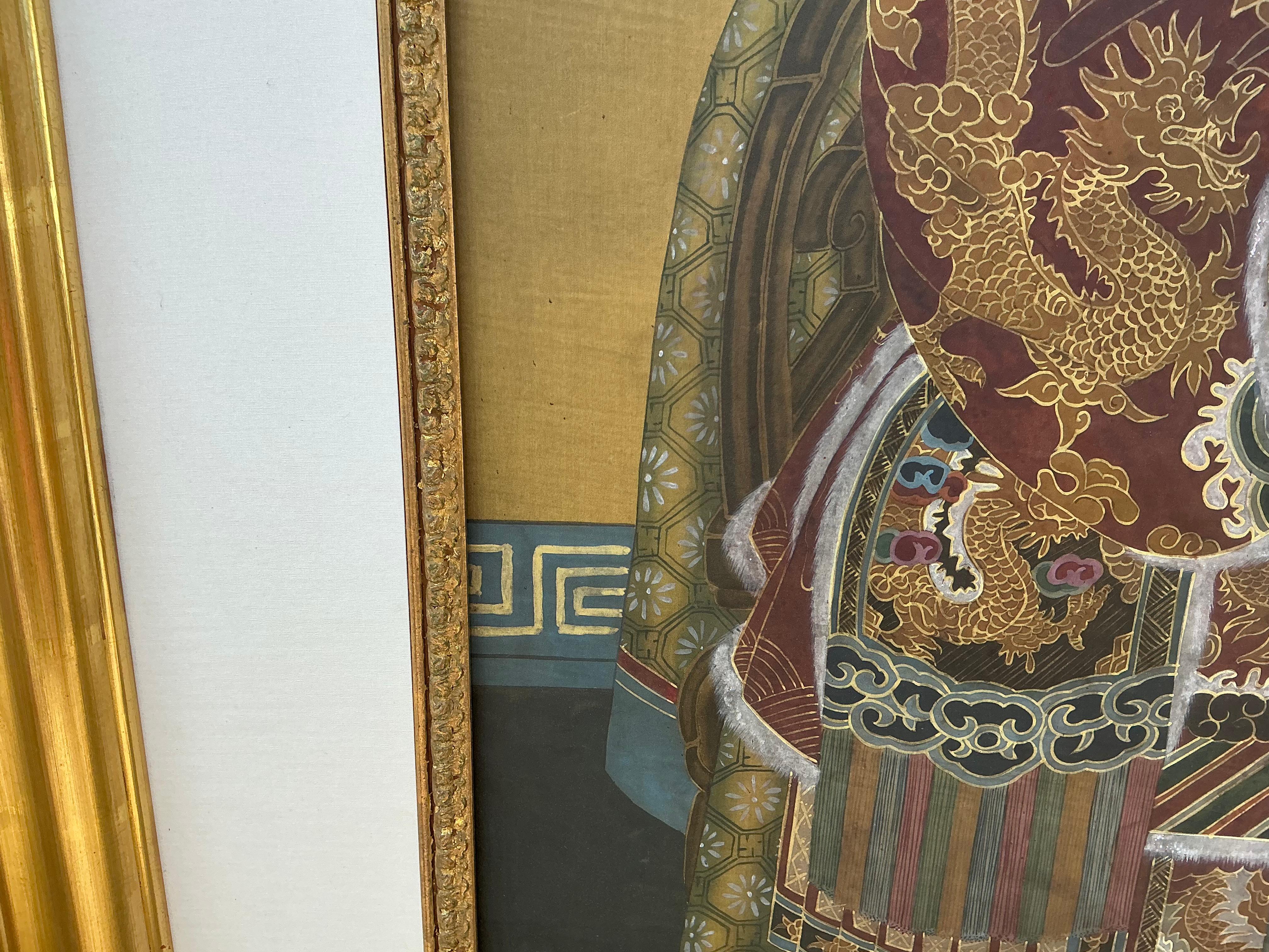 Chinois A.I.C., fin du 19ème siècle. Portraits ancestraux chinois peints à la main dans des cadres dorés à l'eau - S/2 en vente
