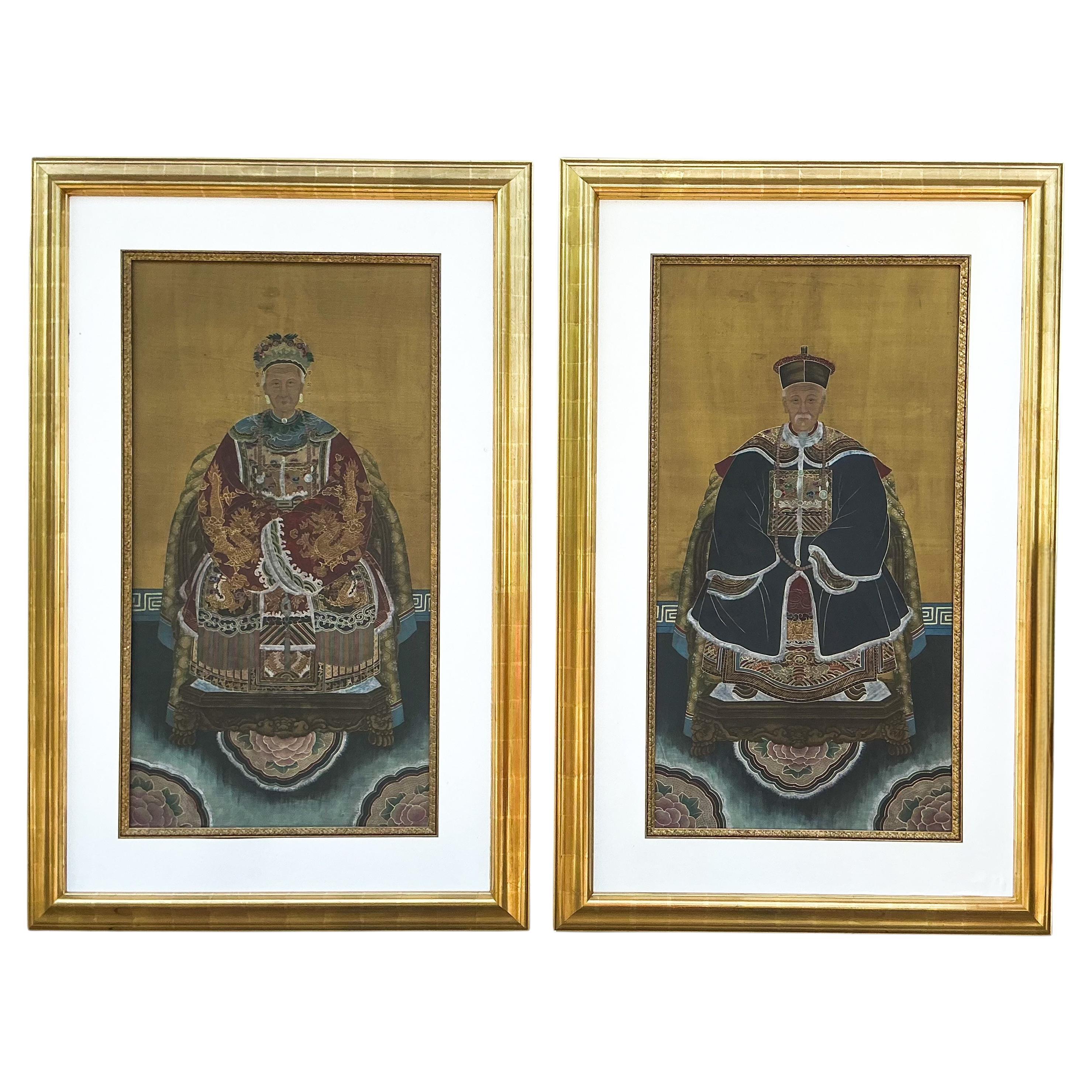 Late 19th-C. Hand Painted Chinese Ancestral Portraits Un Water Gilt Frames - S/2