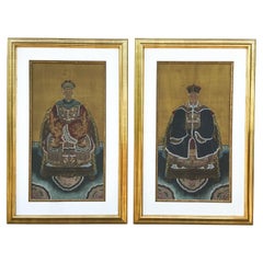 Ende 19. Jh. Handbemalte chinesische acestrale Porträts Un-Wasservergoldete Rahmen - S/2
