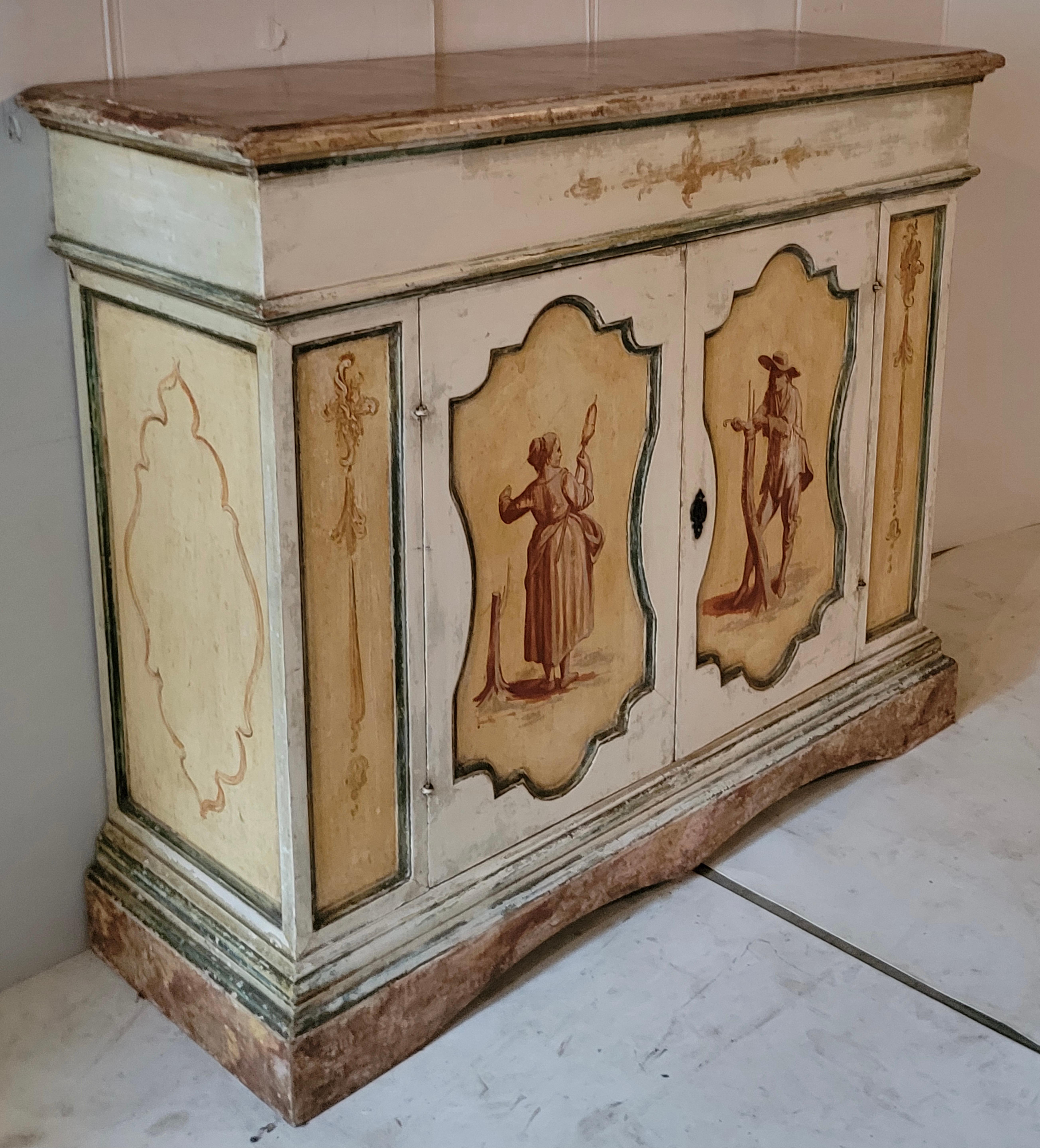 Baroque Late 19th-C. Hand Painted Venetian Cabinet with Faux Marble Top For Sale