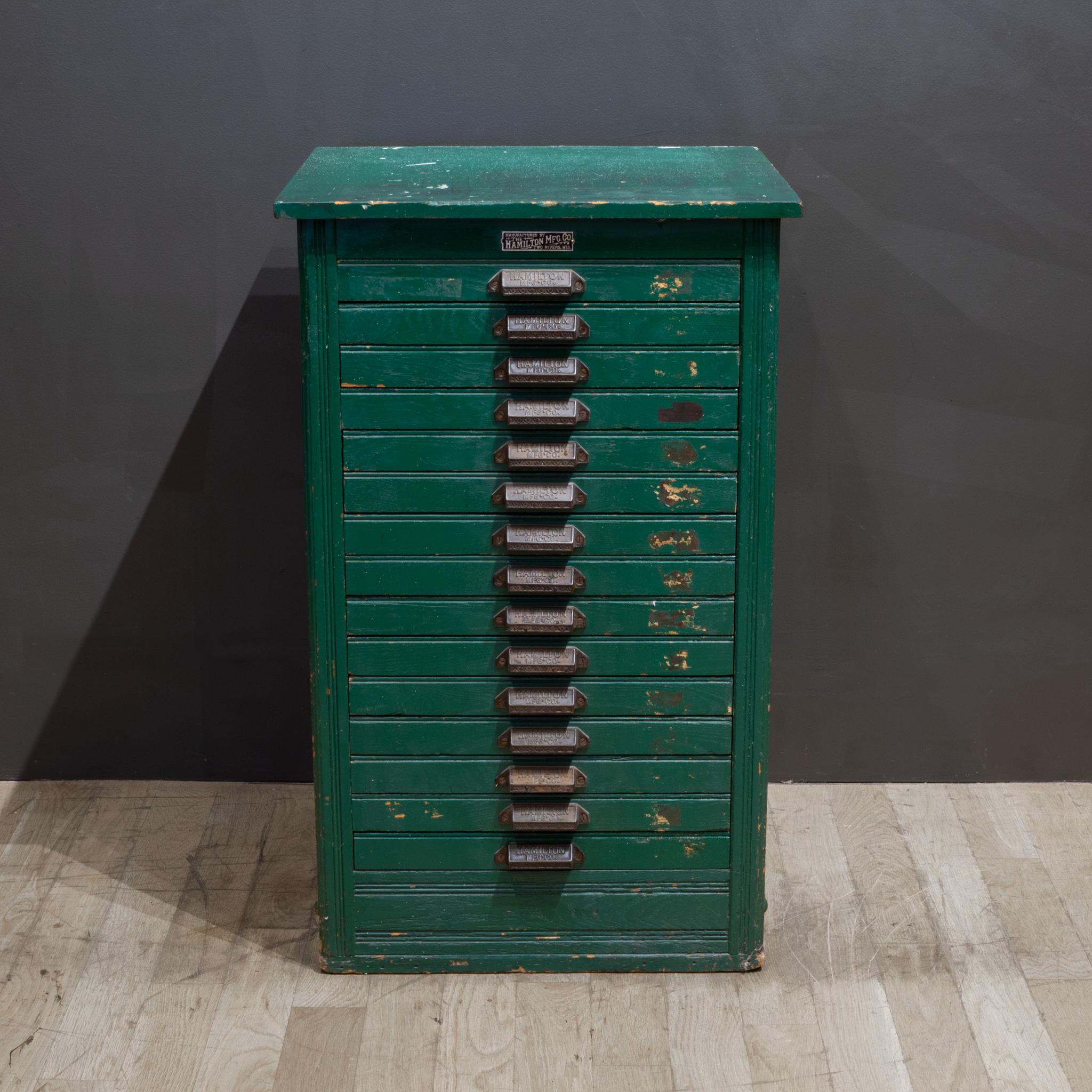 Cast Late 19th C. Industrial Green Typesetter's 15 Drawer Cabinet C.1890