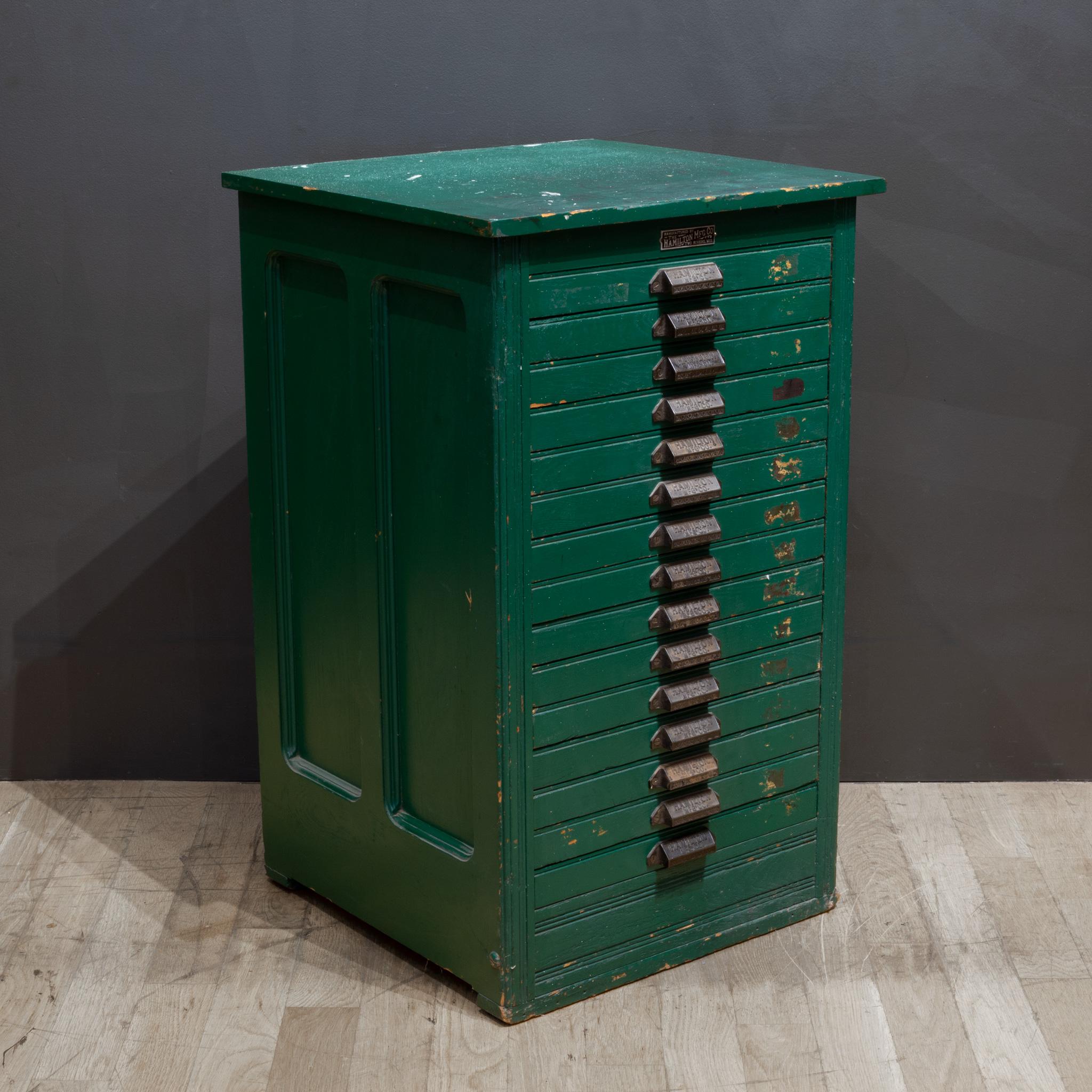 Late 19th C. Industrial Green Typesetter's 15 Drawer Cabinet C.1890 In Good Condition In San Francisco, CA