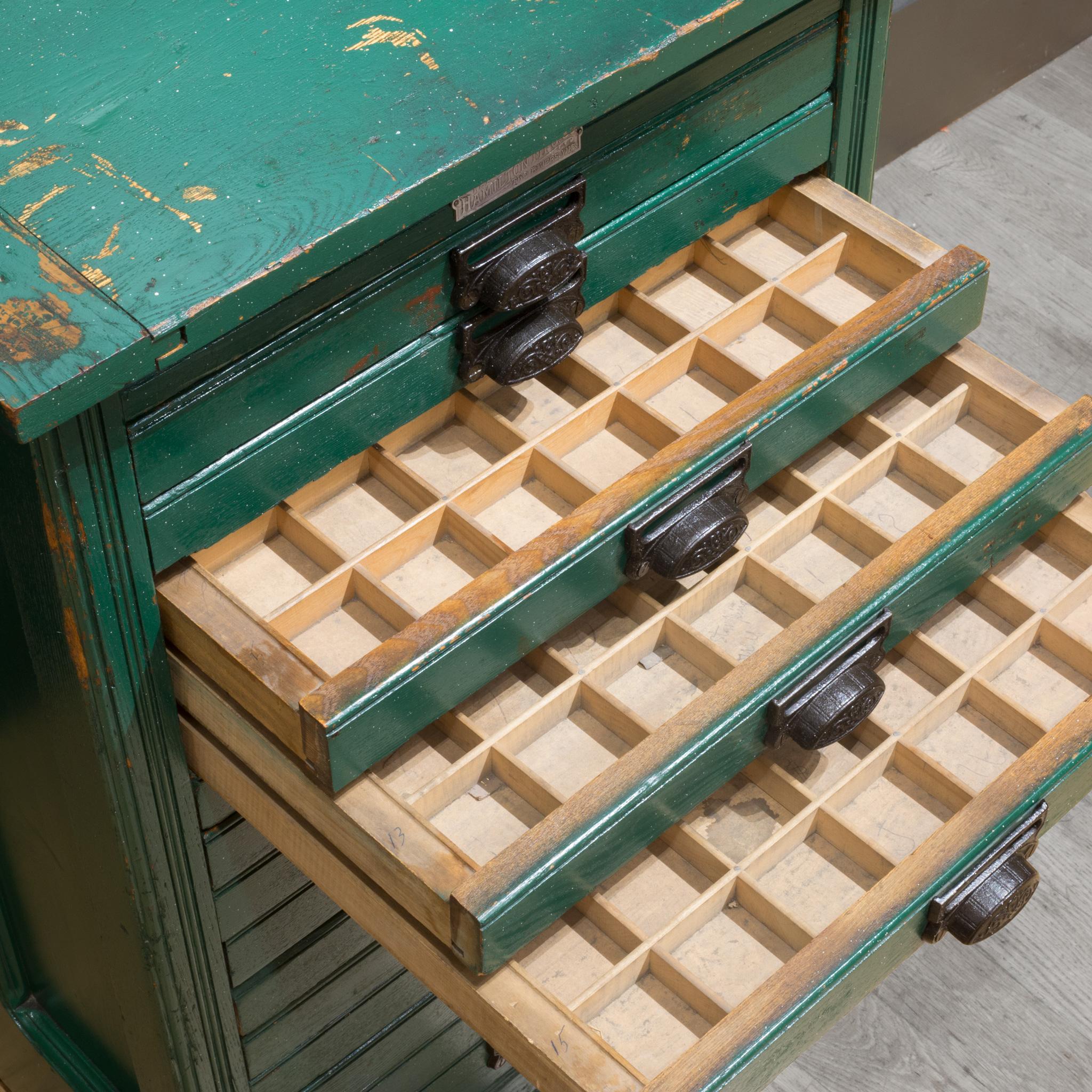 Iron Late 19th C. Industrial Green Typesetter's 15 Drawer Cabinet C.1890