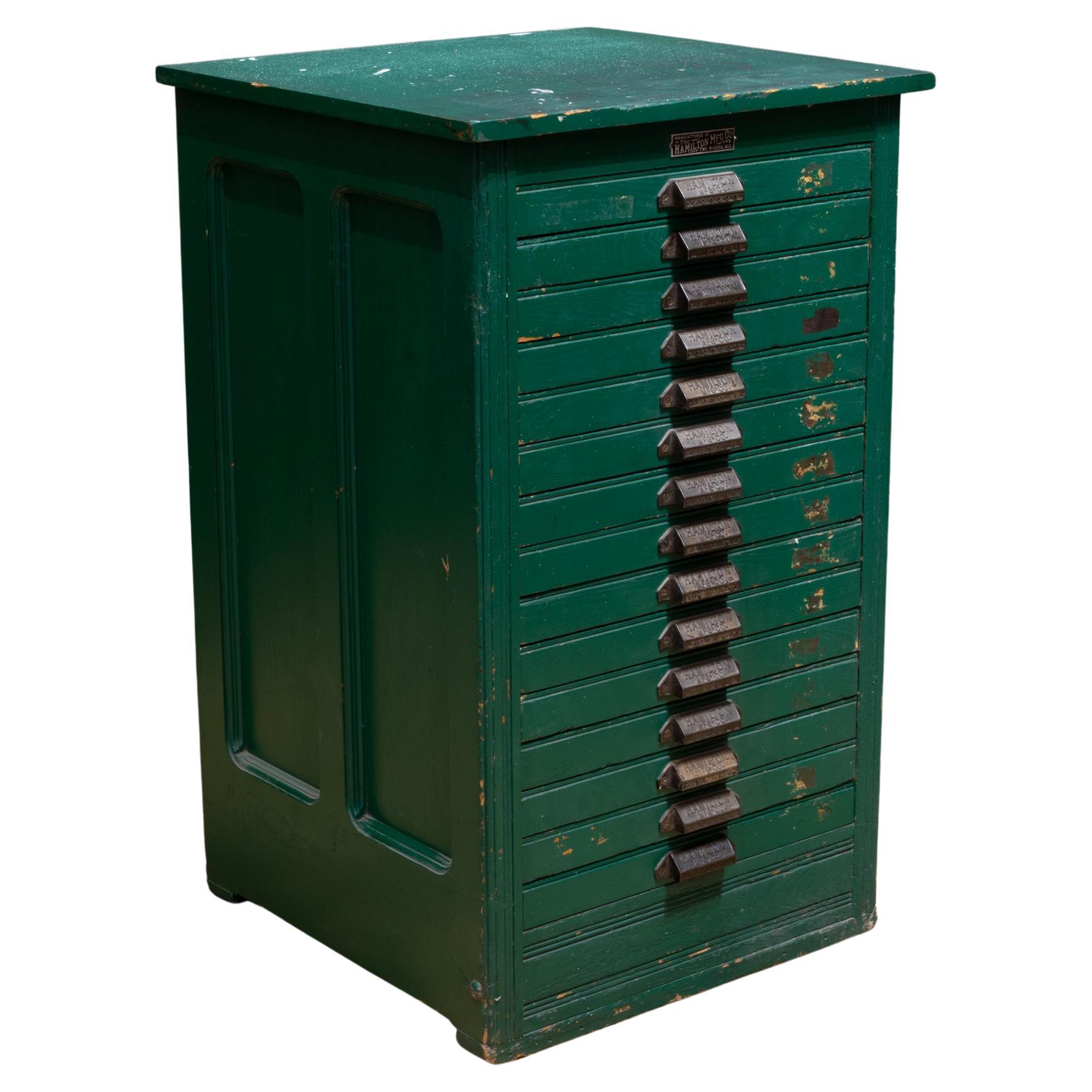 Late 19th C. Industrial Green Typesetter's 15 Drawer Cabinet C.1890