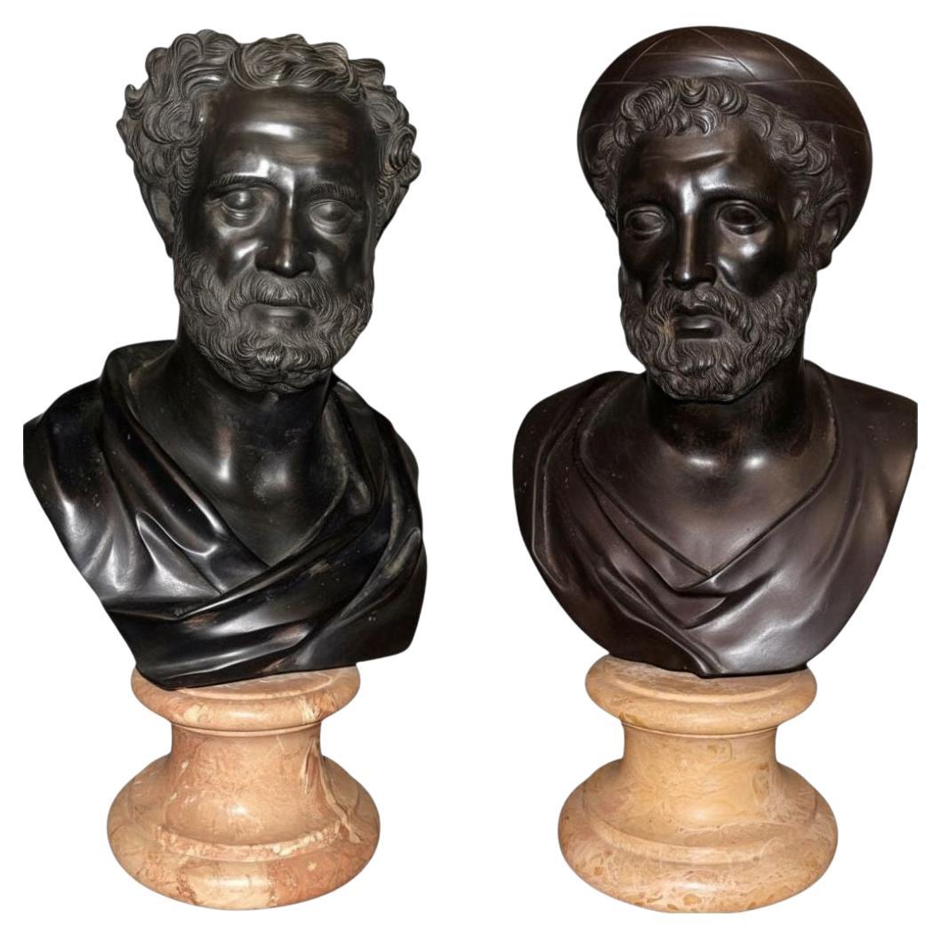 Late 19th C. Italian Bronze Busts of Heraclitus 
Archytas on Marble Pedestals For Sale