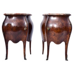 Late 19th C. Italian Burl Wood Bombe Nightstands or Side Table Chests