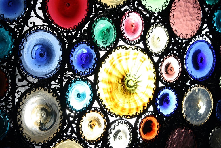 Italian Wrought Iron and Stained Murano Glass Fire Screen at