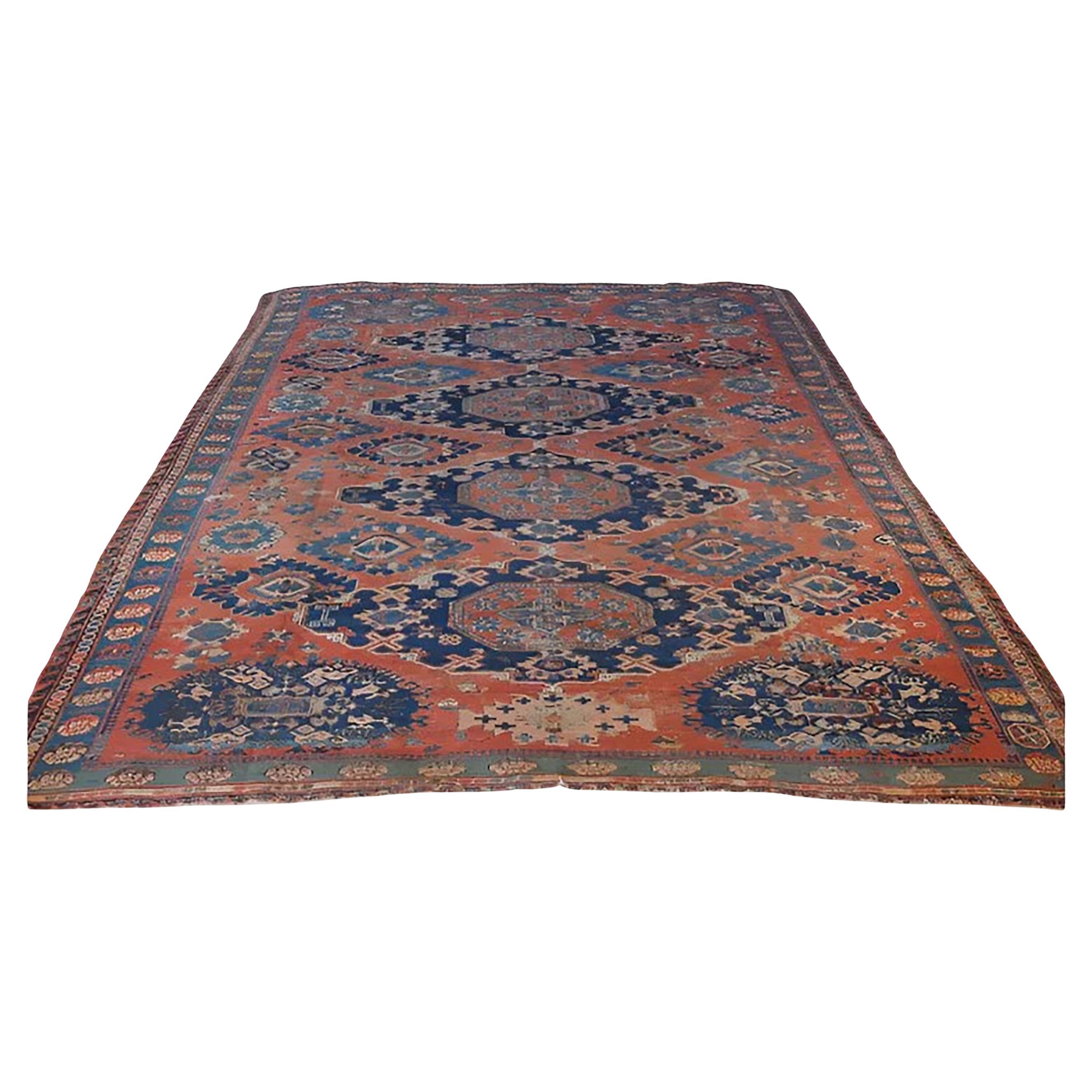 Late 19th C Karabagh Soumac with Madder Red, Blue and Coral Tones