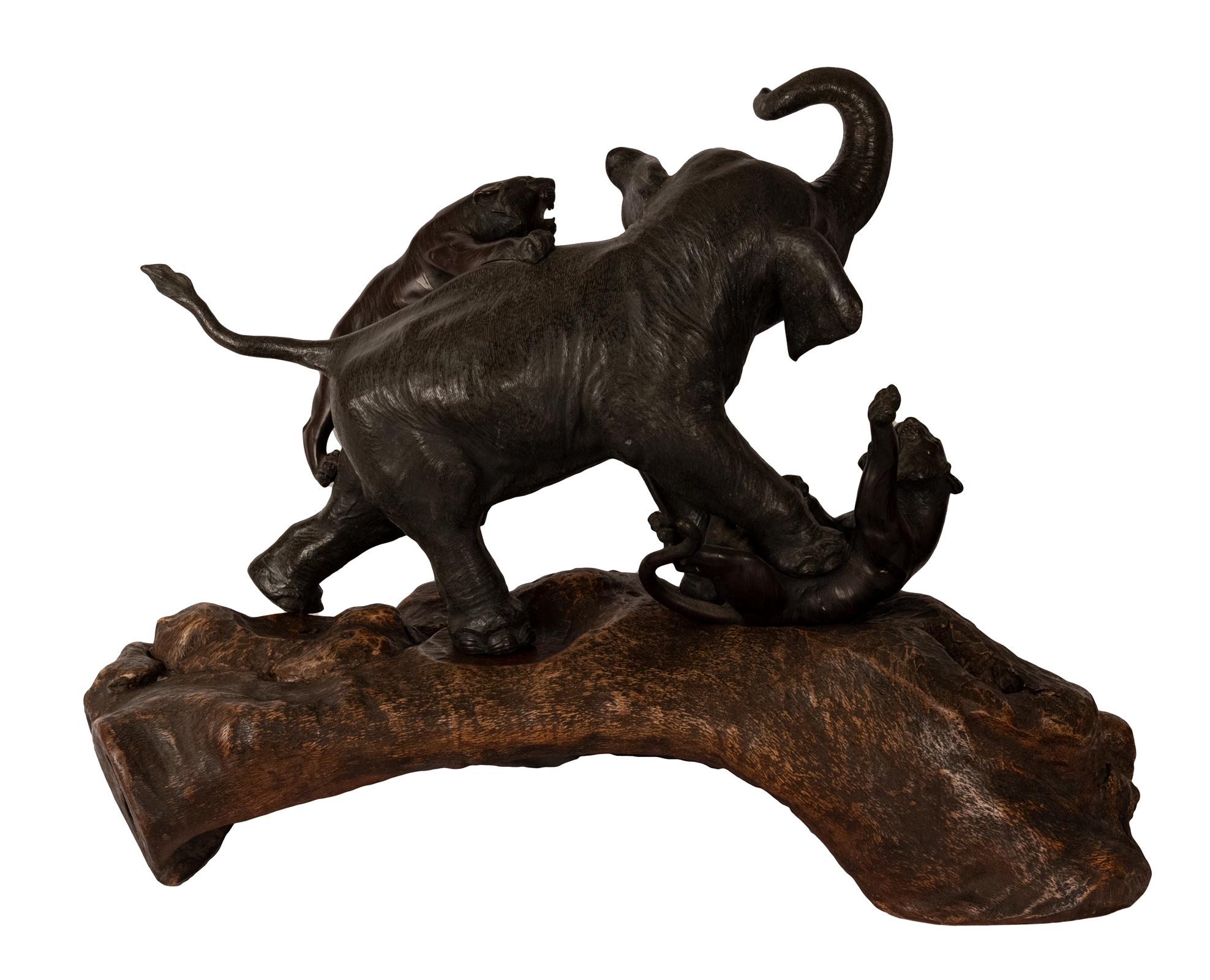Late 19th Century Large Japanese Meiji Bronze of Tigers Attacking an Elephant In Good Condition For Sale In Salt Lake City, UT