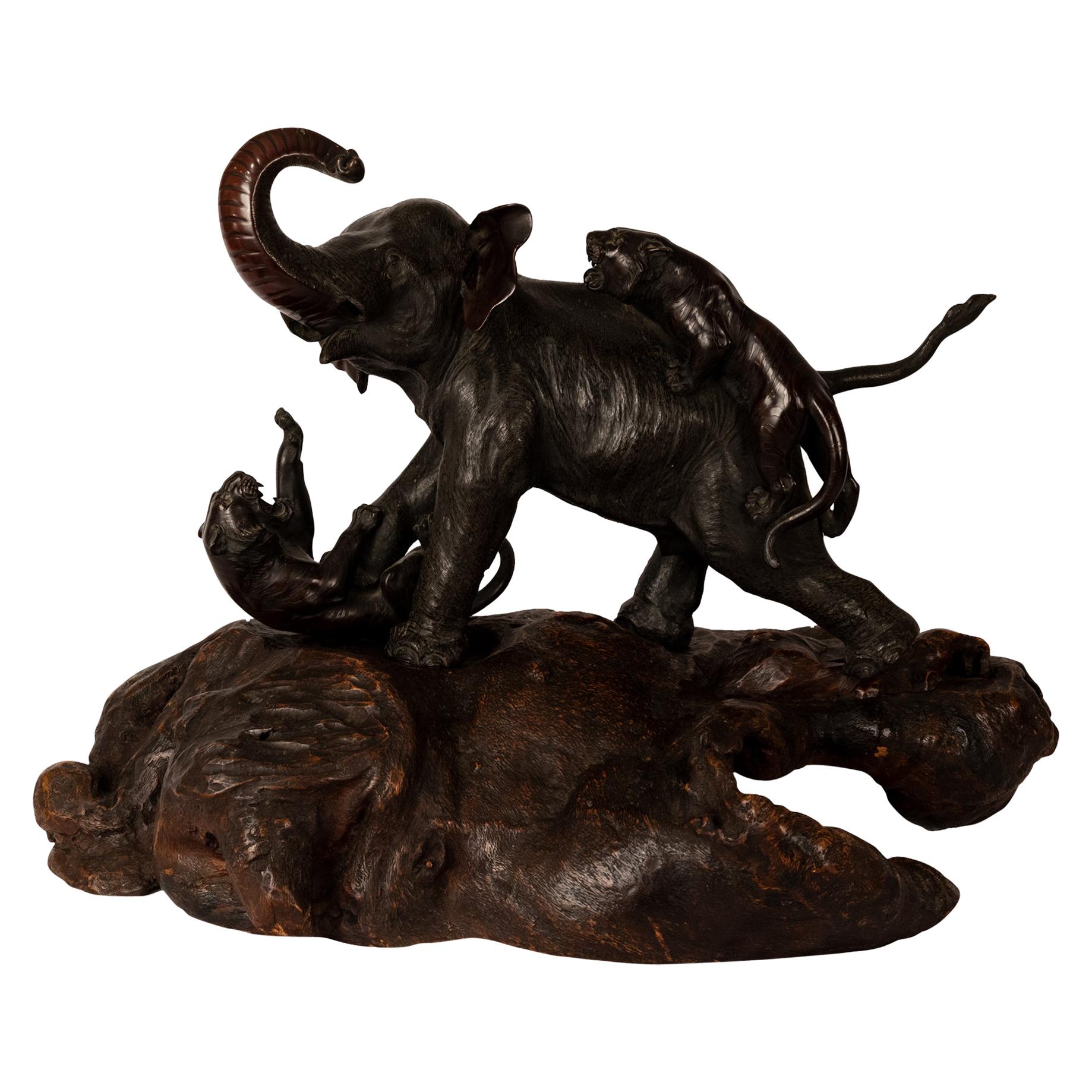 Late 19th Century Large Japanese Meiji Bronze of Tigers Attacking an Elephant For Sale