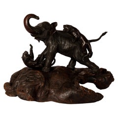 Late 19th Century Large Japanese Meiji Bronze of Tigers Attacking an Elephant