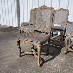 Late 19th c. Louis XV Style Carved Wood Painted Cane Seat Dining Chairs Set of 6
