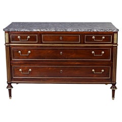 Antique Late 19th C Louis XVI Style Chest With Brass Trim and Marble Top