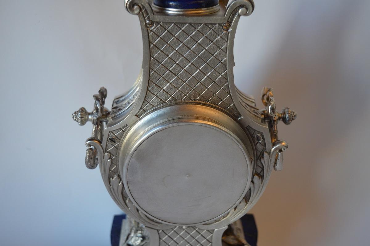 Louis XVI Style Silvered Metal and Lapis Lazuli Mantle Clock by A. 4