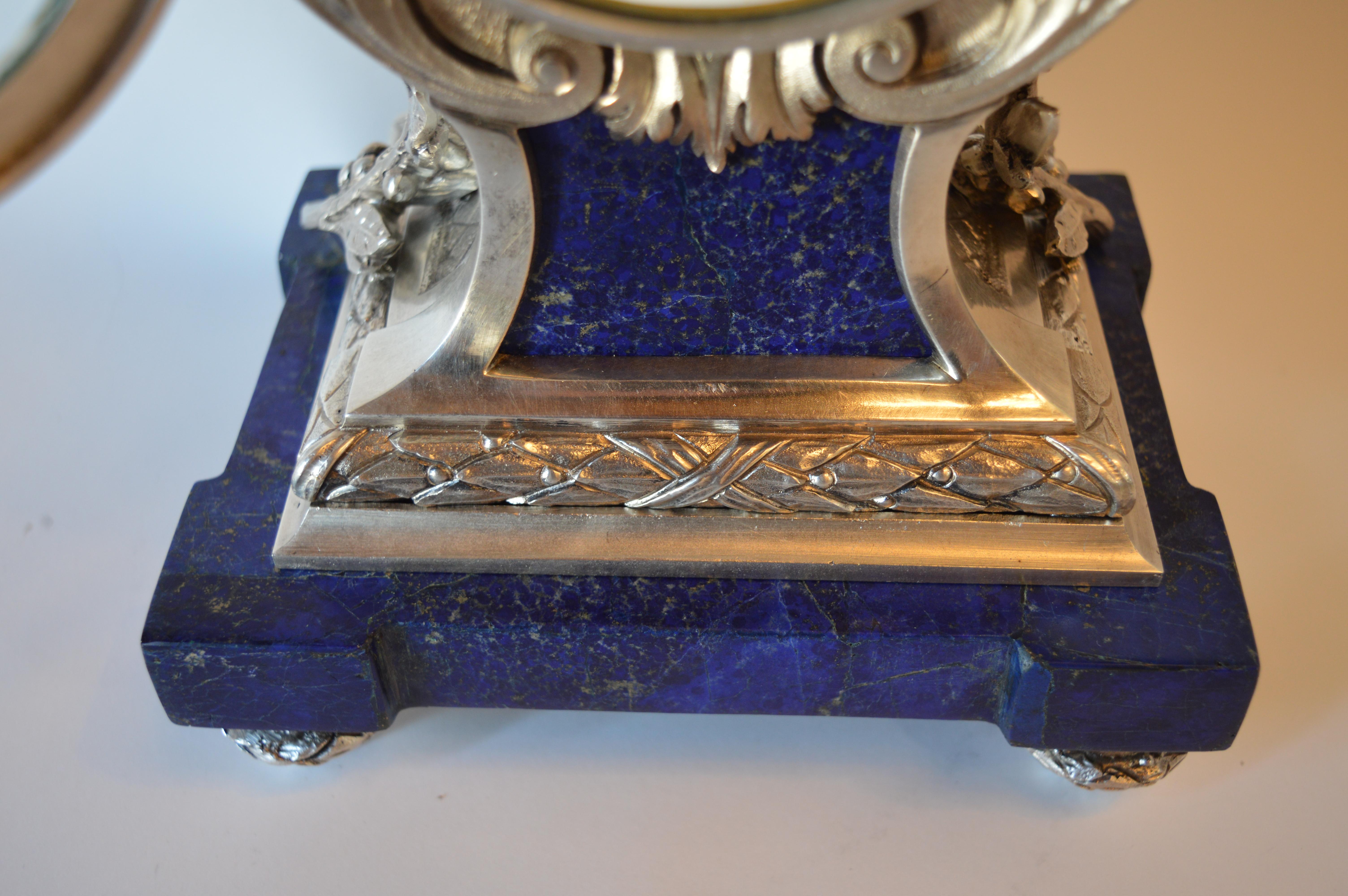 Louis XVI Style Silvered Metal and Lapis Lazuli Mantle Clock by A. 5