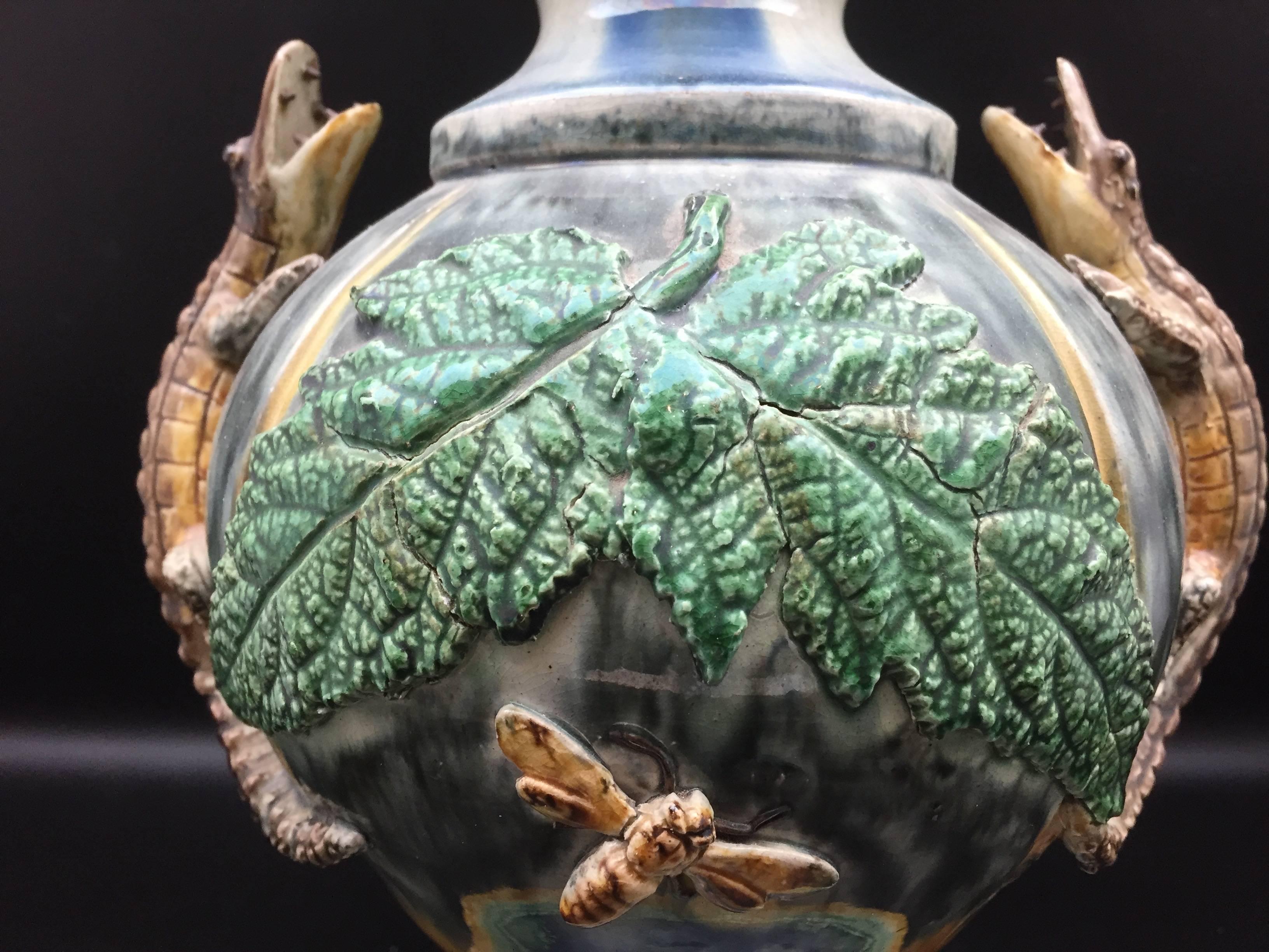 Glazed Late 19th Century Majolica Palissy Vase with Snake, Alligator Frog and Bee Decor