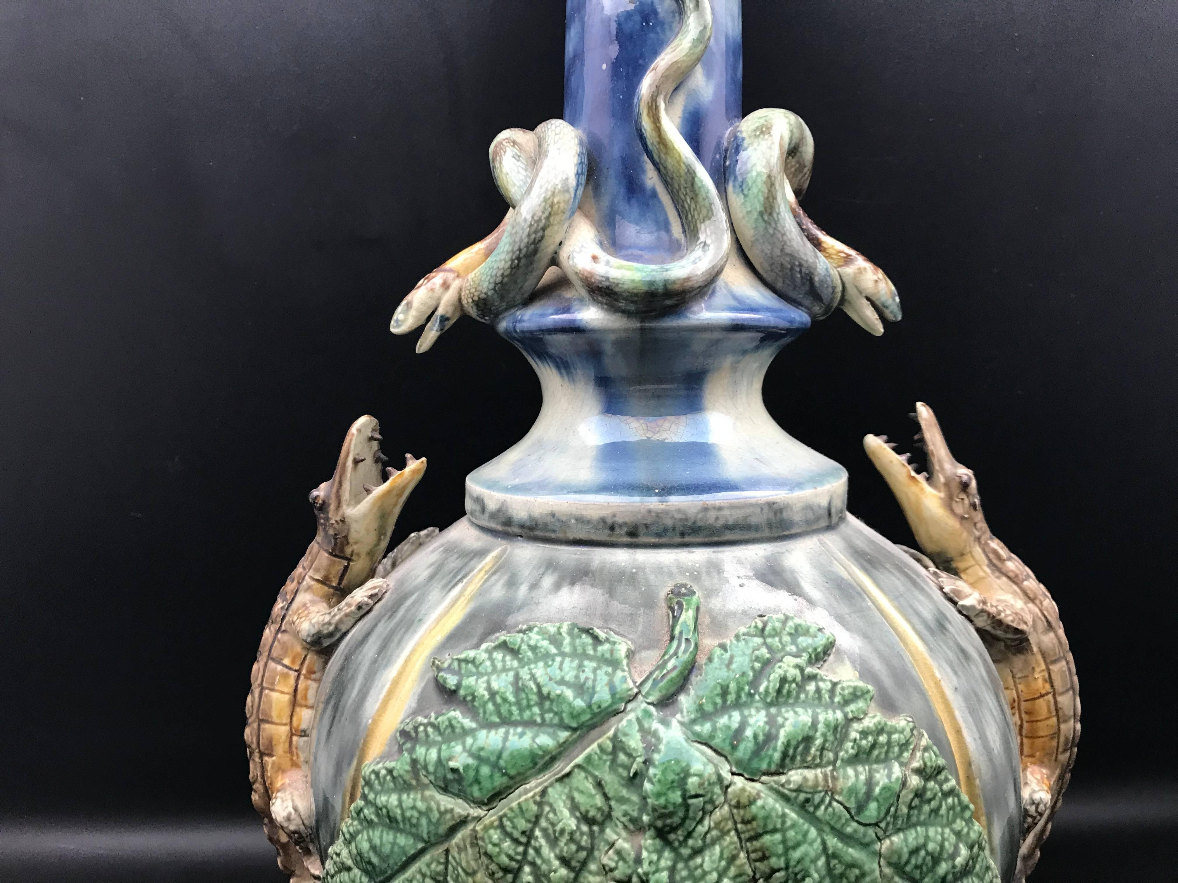 Late 19th Century Majolica Palissy Vase with Snake, Alligator Frog and Bee Decor In Good Condition In New York, NY