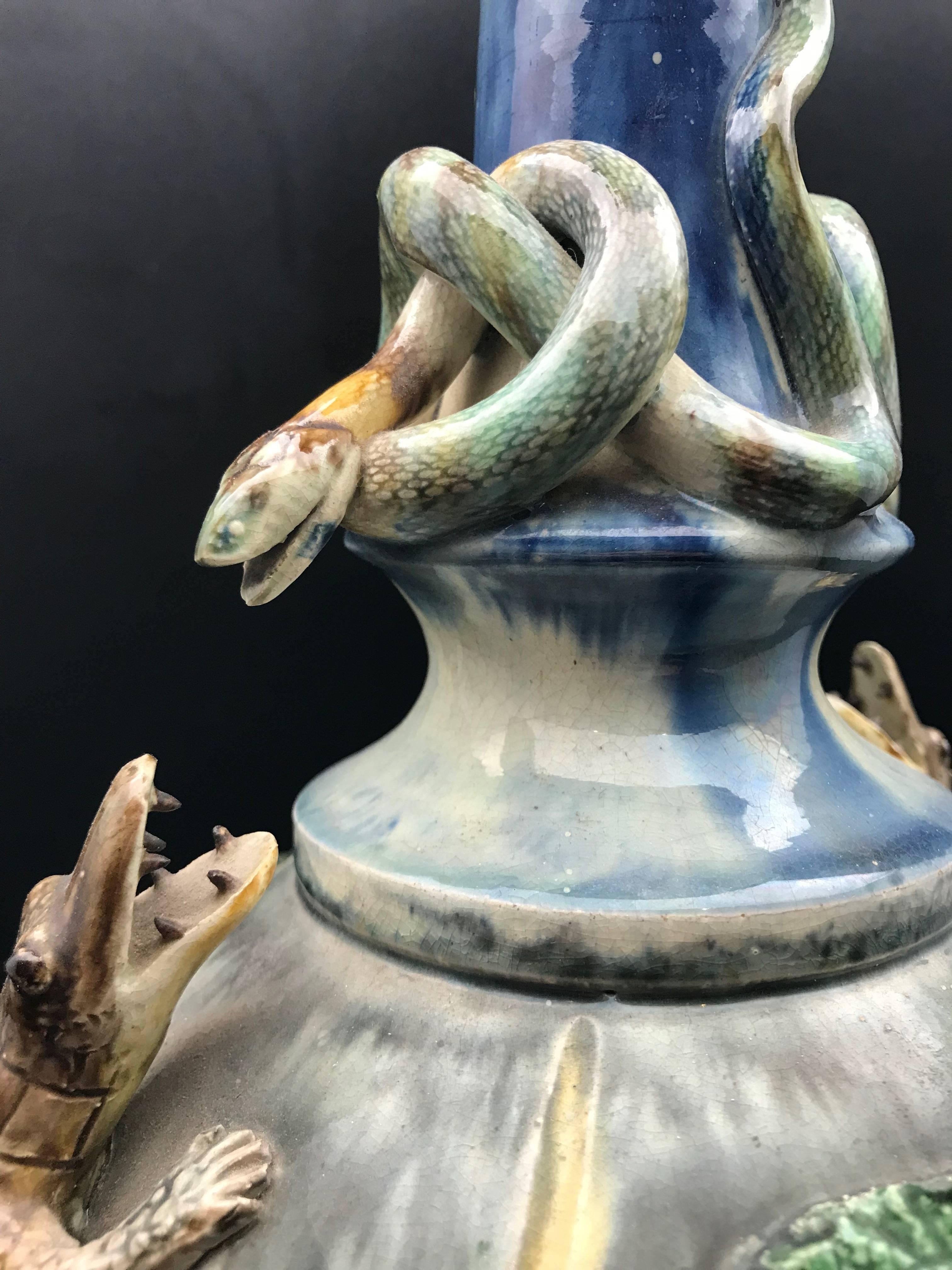 Late 19th Century Majolica Palissy Vase with Snake, Alligator Frog and Bee Decor 1