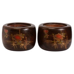 Late 19th C., Meiji, A Pair of Antique Japanese Keyaki Wooden Pots 'Hibachi'