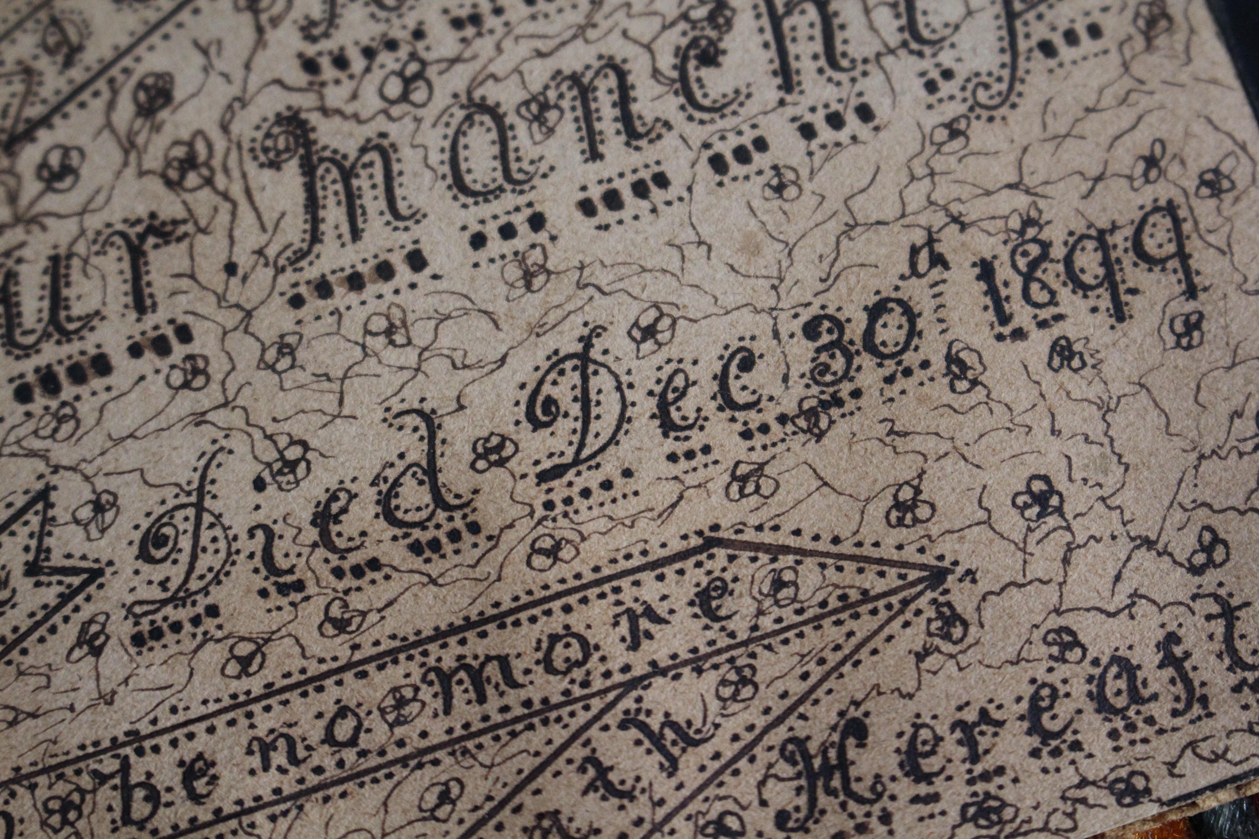 English Late 19th C Memento Mori Calligraphy In memory of Maria Arthur Manchip Died 1899 For Sale