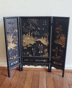 Late 19th C. Ming Carved Ebonized and Giltwood Trifold Table Screen