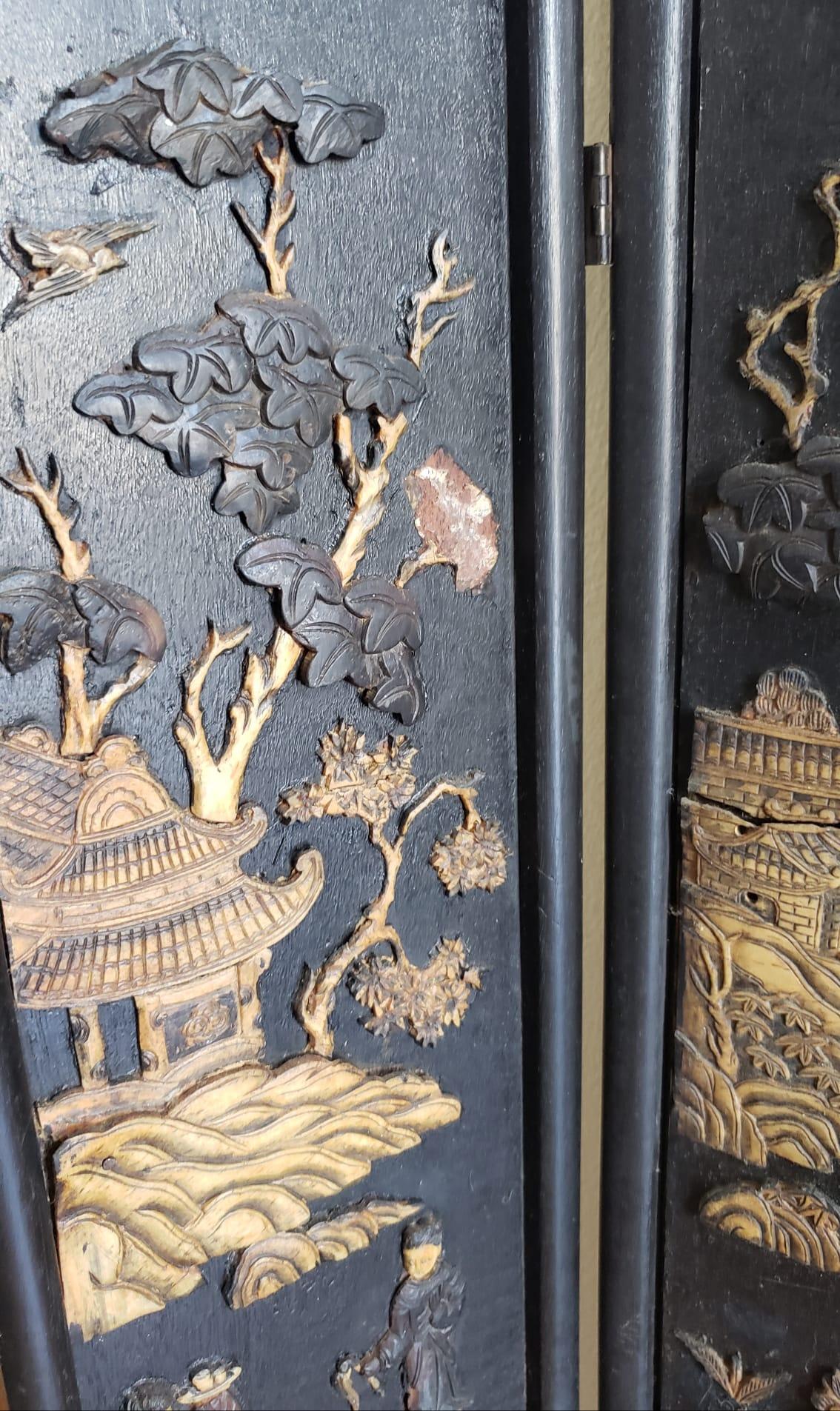 Hand-Carved Late 19th C. Ming Carved Ebonized and Giltwood Trifold Table Screen For Sale