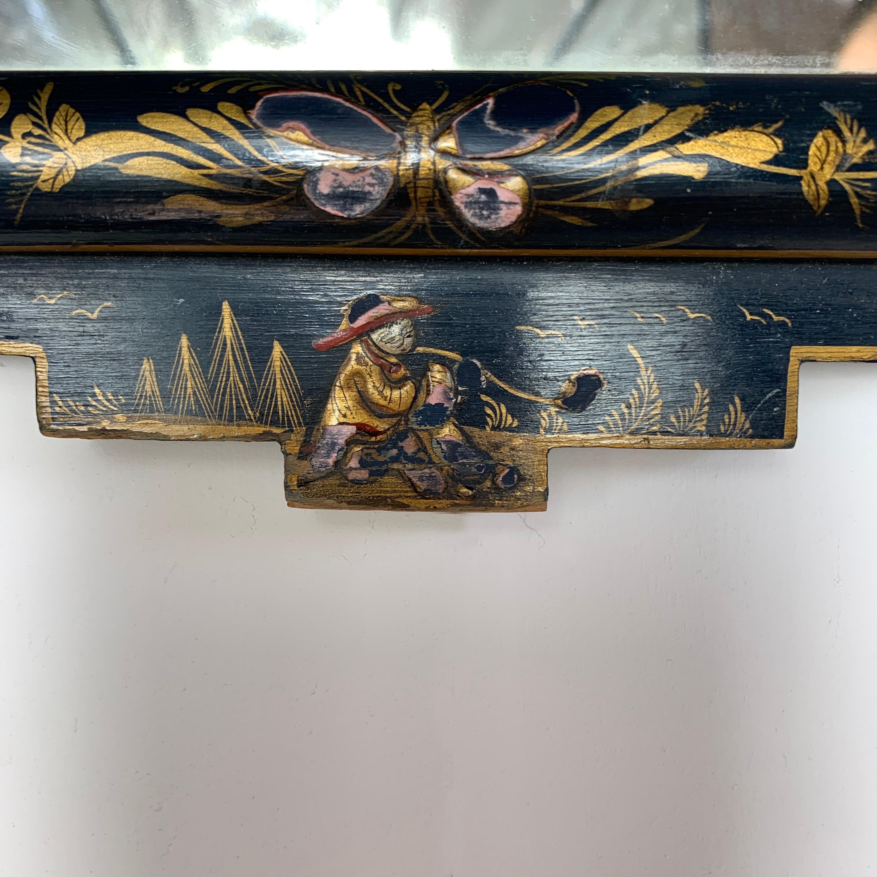 Late 19th C Navy Blue Lacquered Chinoiserie Mirror 6