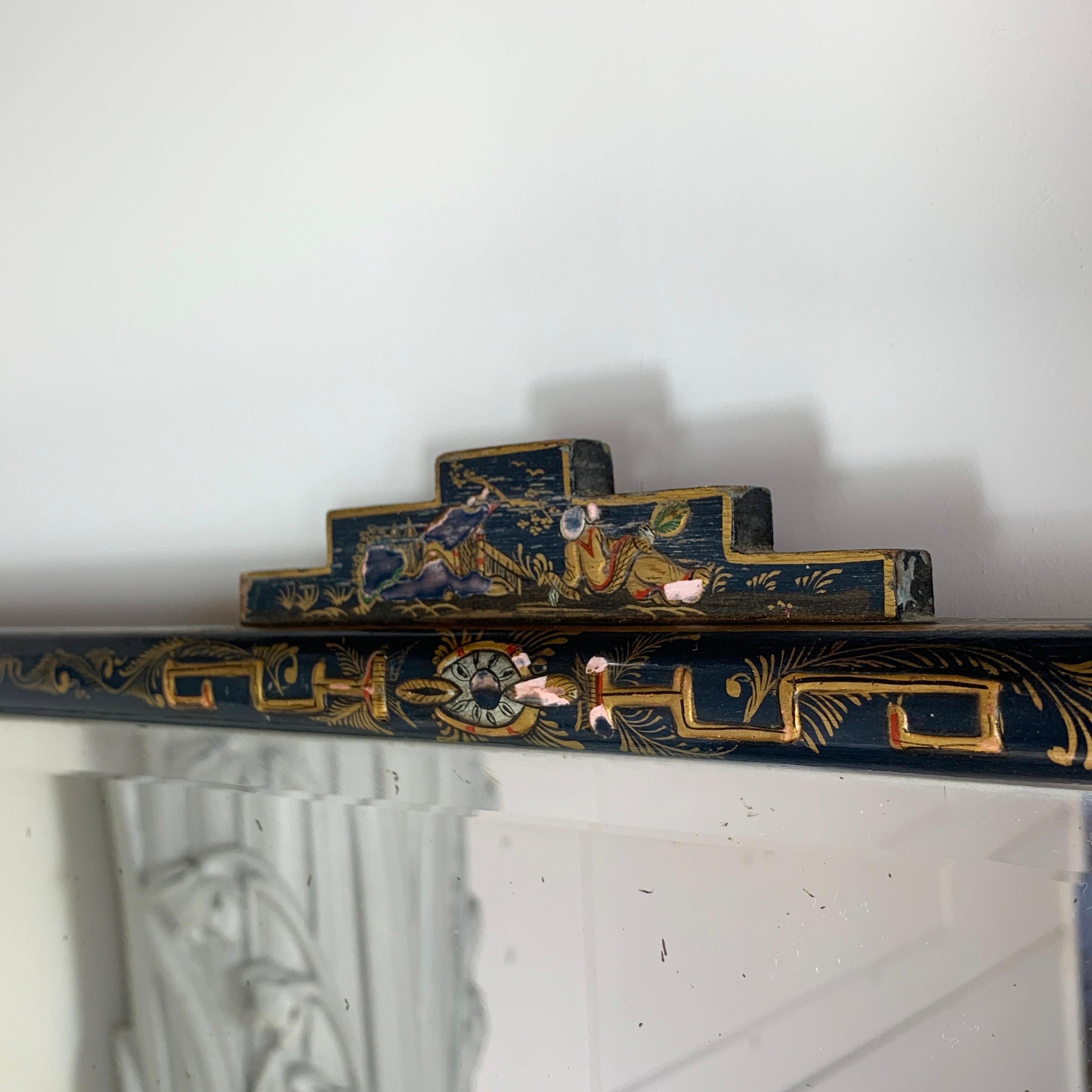 Wood Late 19th C Navy Blue Lacquered Chinoiserie Mirror