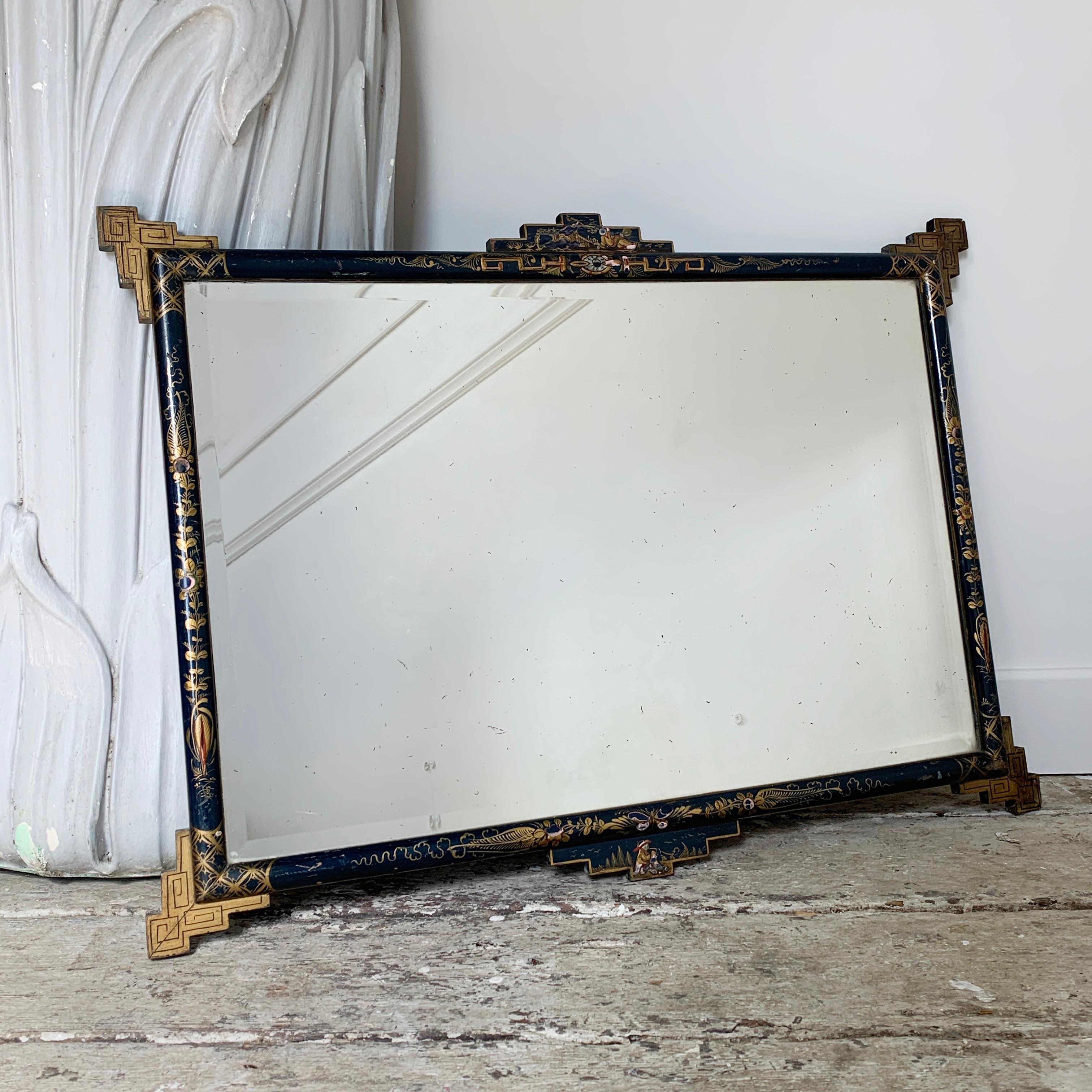 Late 19th C Navy Blue Lacquered Chinoiserie Mirror 3