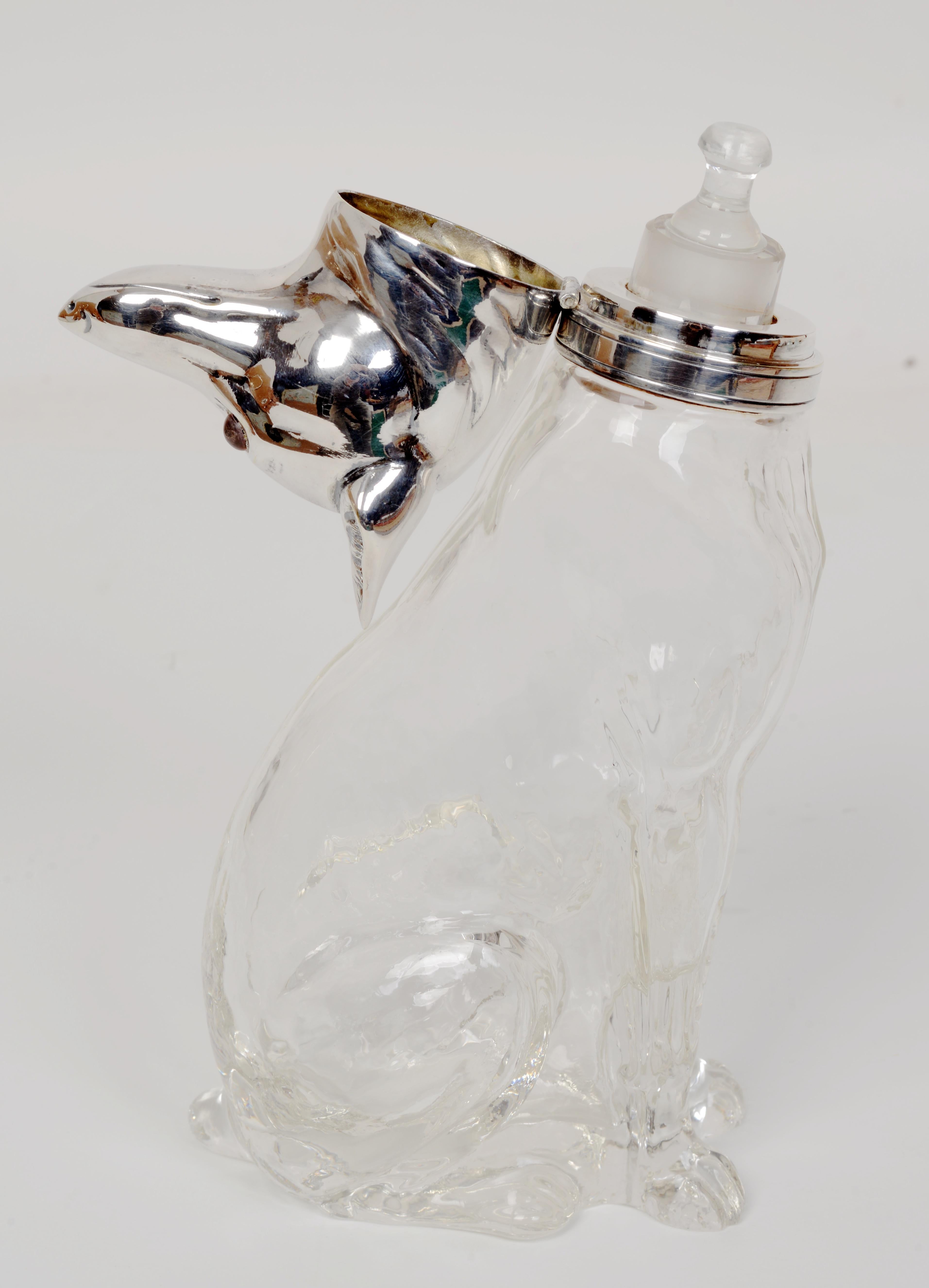 Late 19th c Novelty Silverplated Hunting Dog-Form Claret Jug Marked 