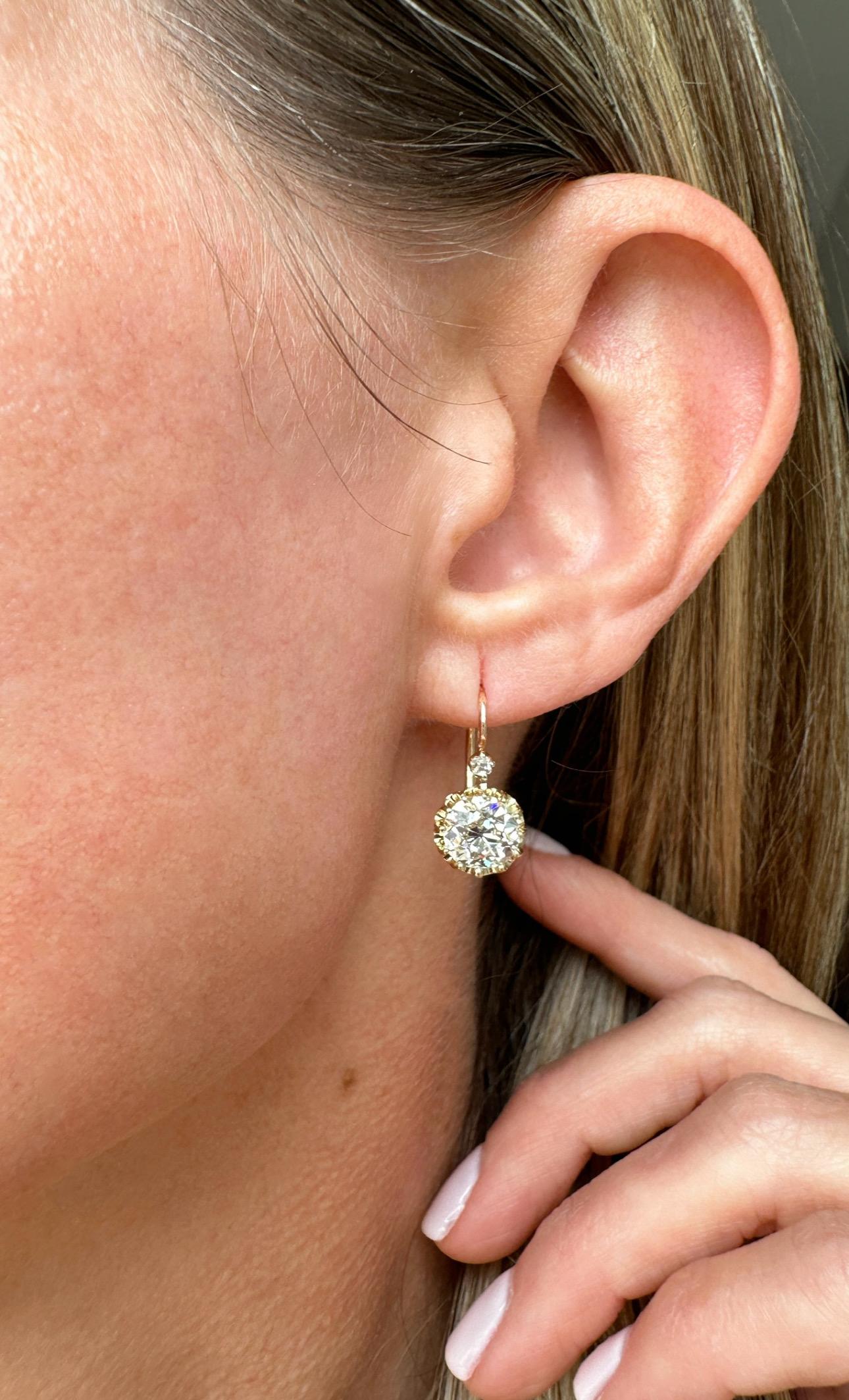 Women's Late 19th C Old Cut Diamond Earrings 2.95 Carats - GIA For Sale