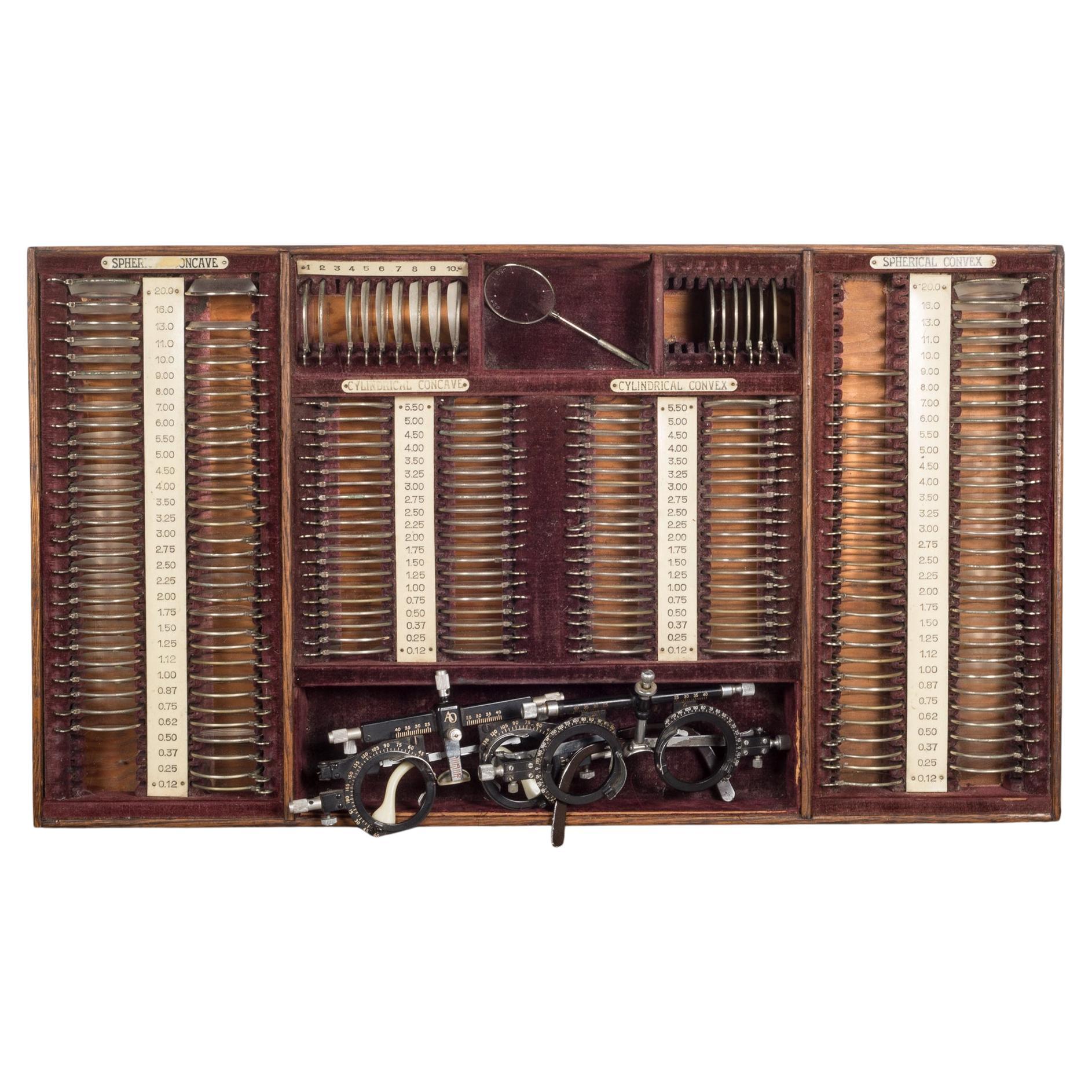 ABOUT

An original Victorian optometrist eye testing kit. The interior of the kit is lined in velvet with the name and number of the lenses. The optical testing lenses are wrapped in silver and the script lens number are engraved in the silver