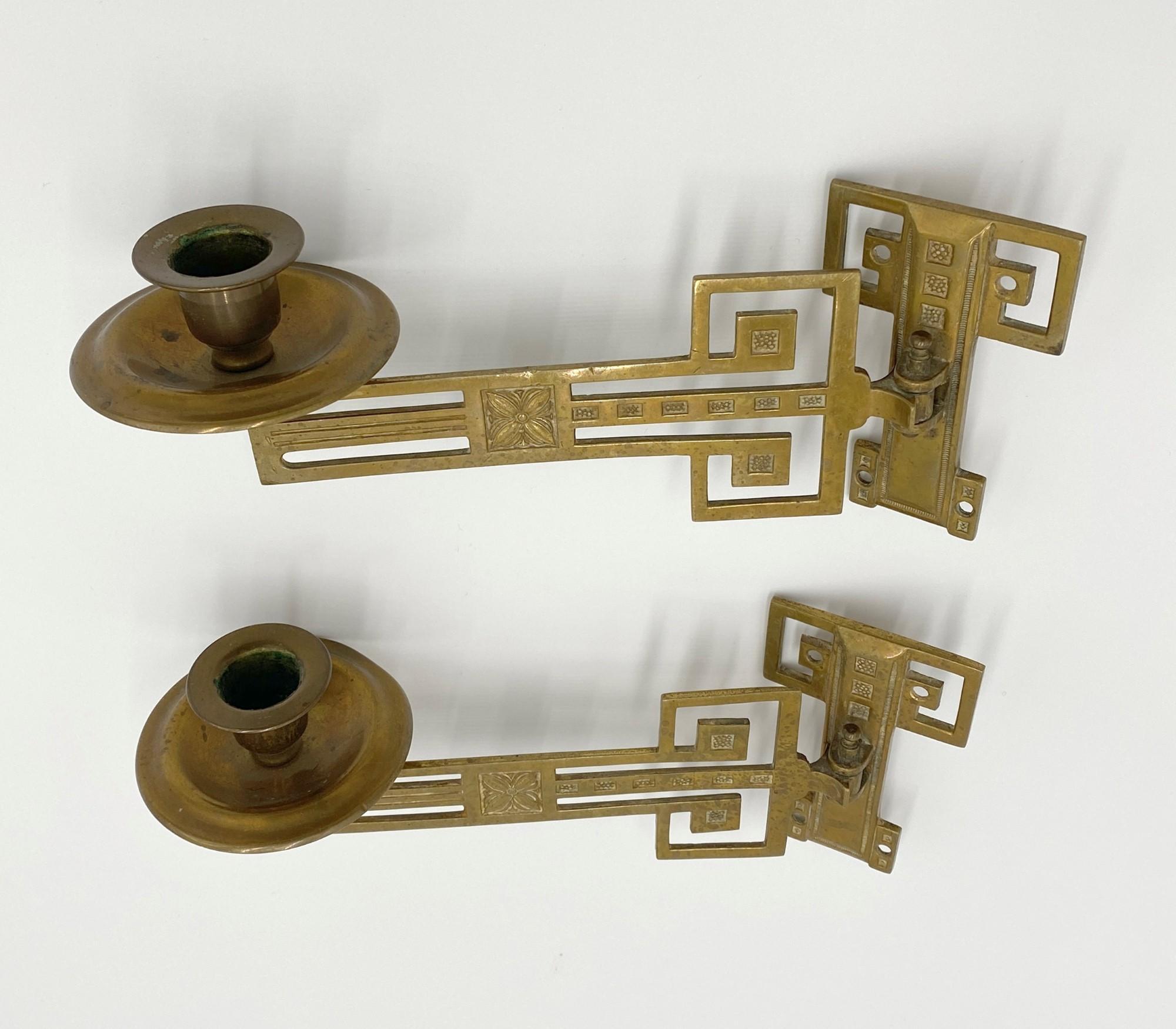 American Late 19th C. Pair of Adjustable Brass Piano Sconces Victorian Style Not Wired